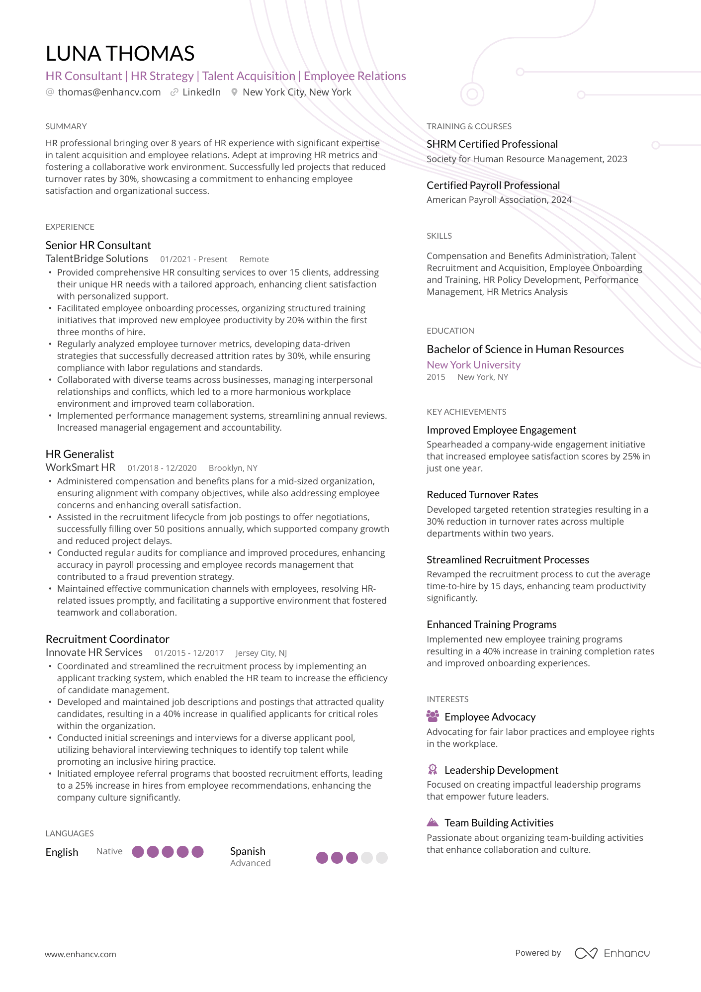 A resume example of a HR Consultant