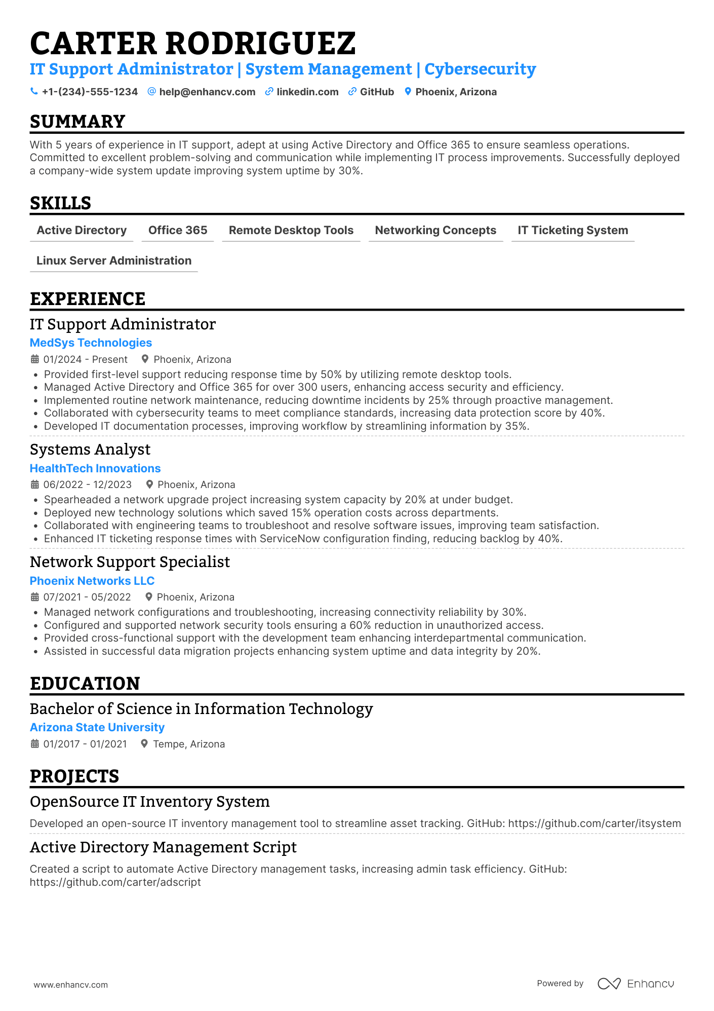A resume example of a IT Support Administrator