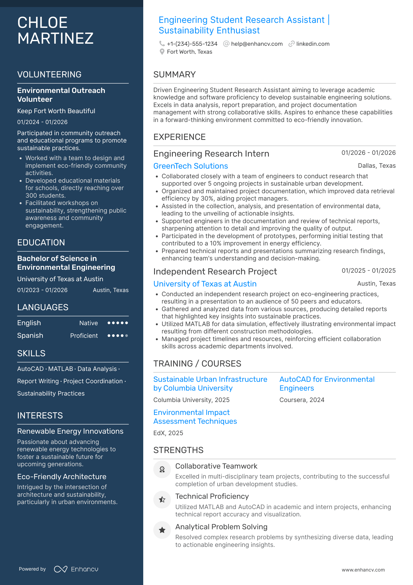 A resume example of a Engineering Student Research Assistant