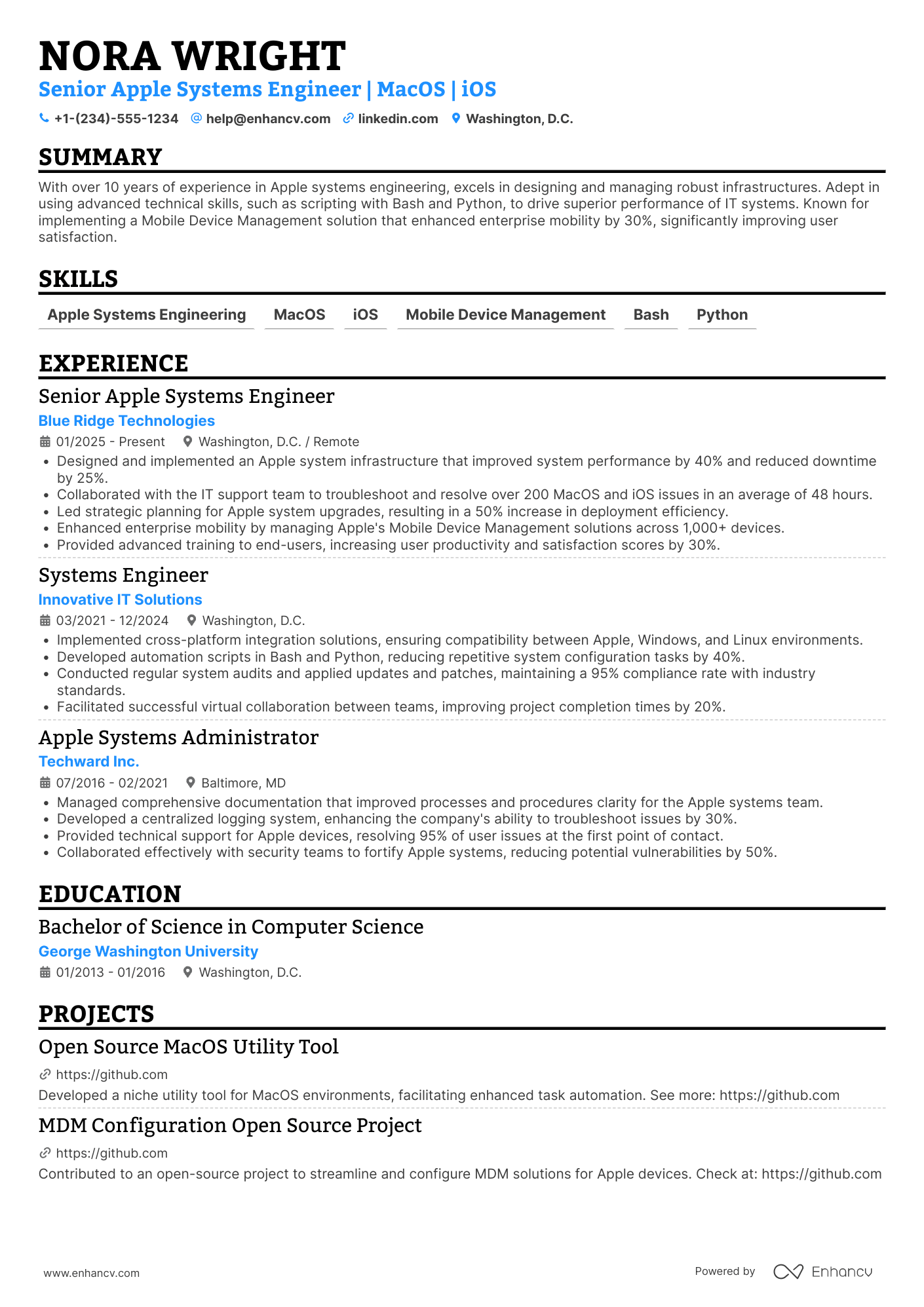 A resume example of a Senior Apple Systems Engineer