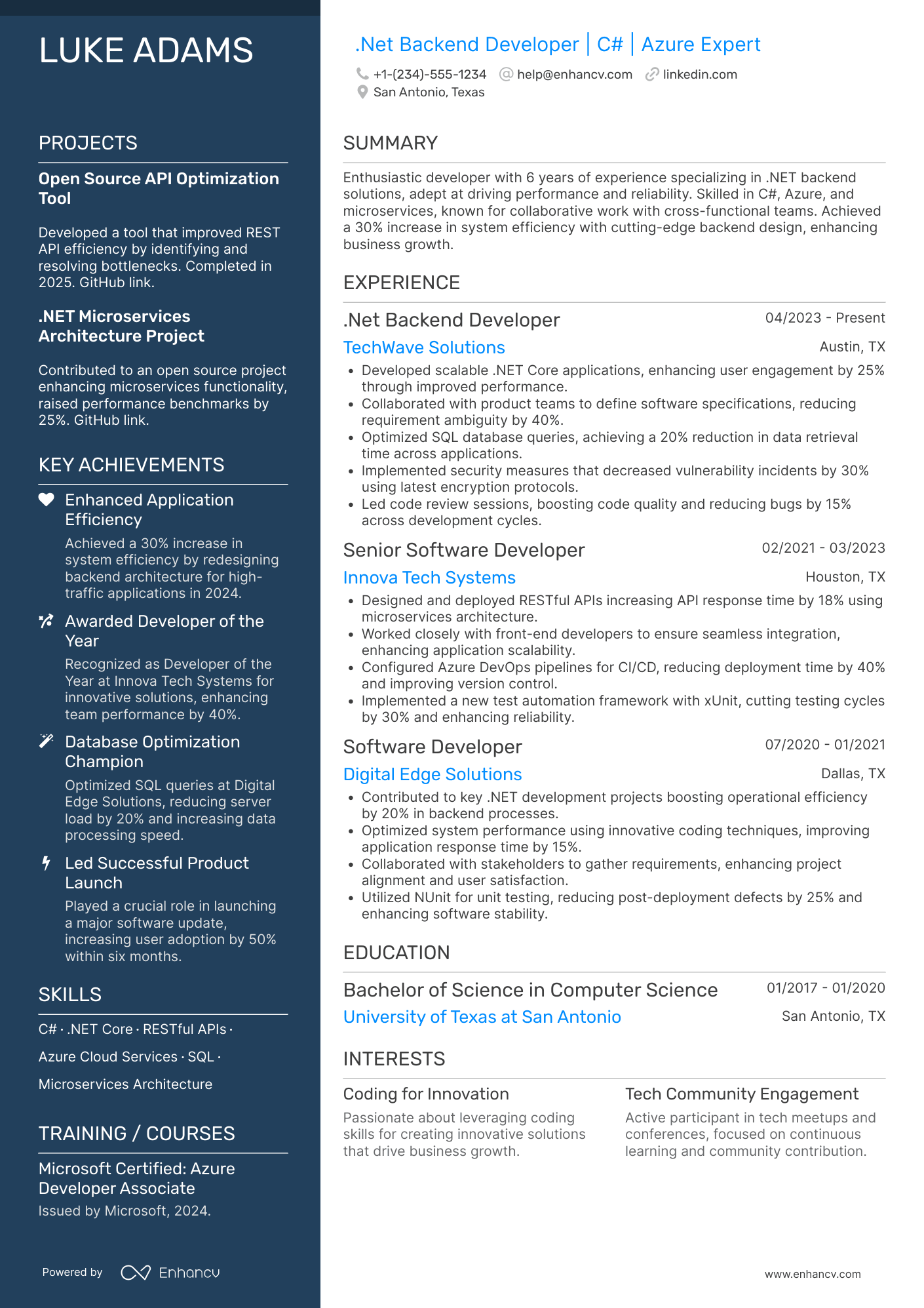 A resume example of a .Net Backend Developer