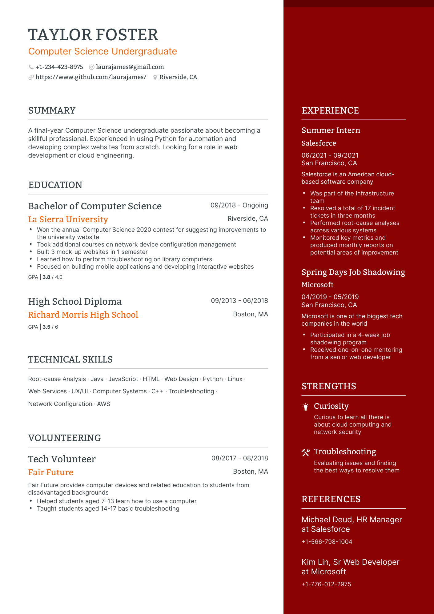 One Page Undergraduate Resume Template