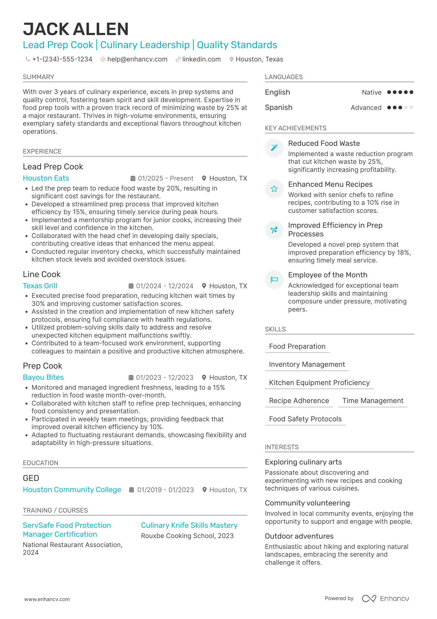 A resume example of a Lead Prep Cook