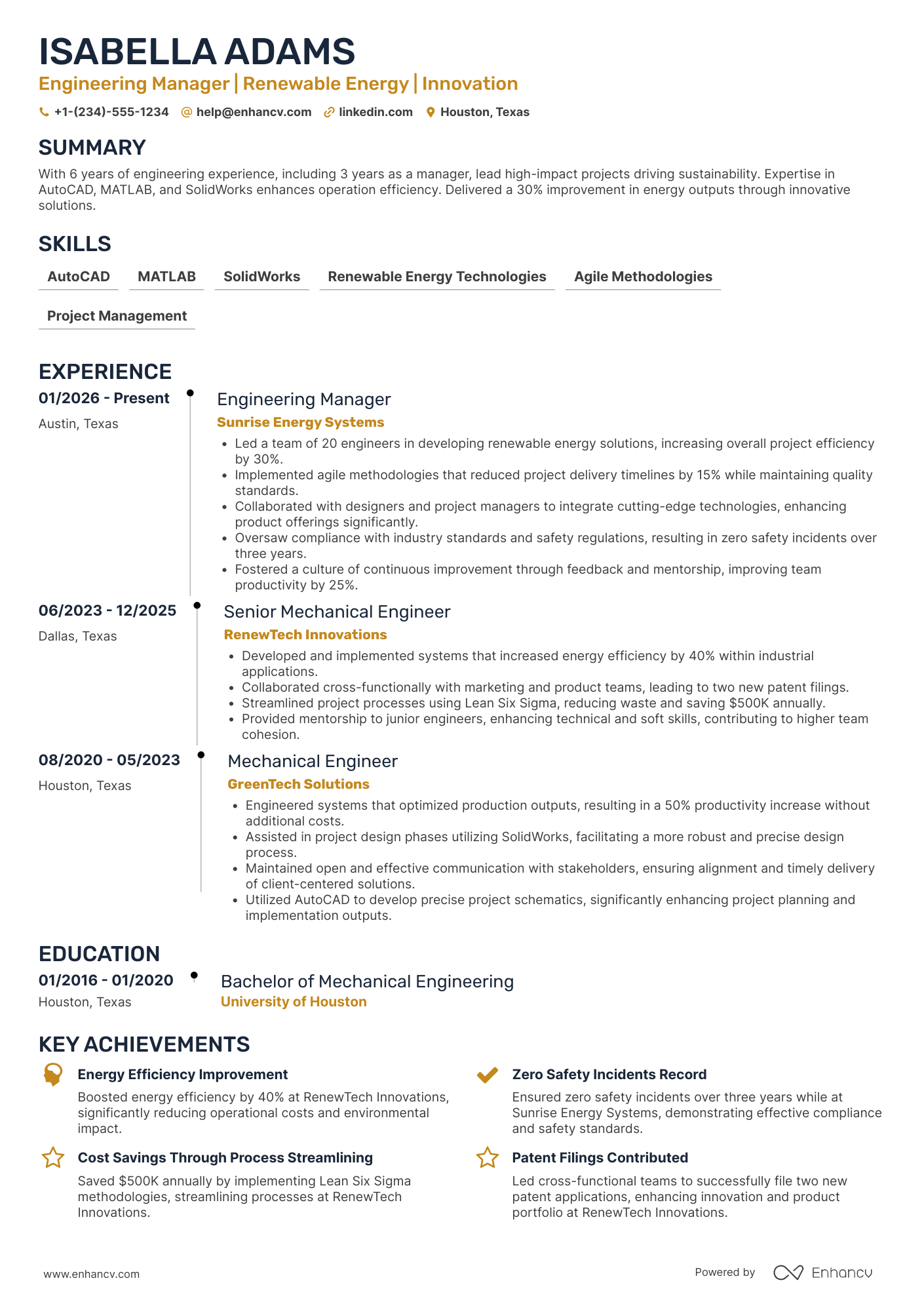 A resume example of a Engineering Manager