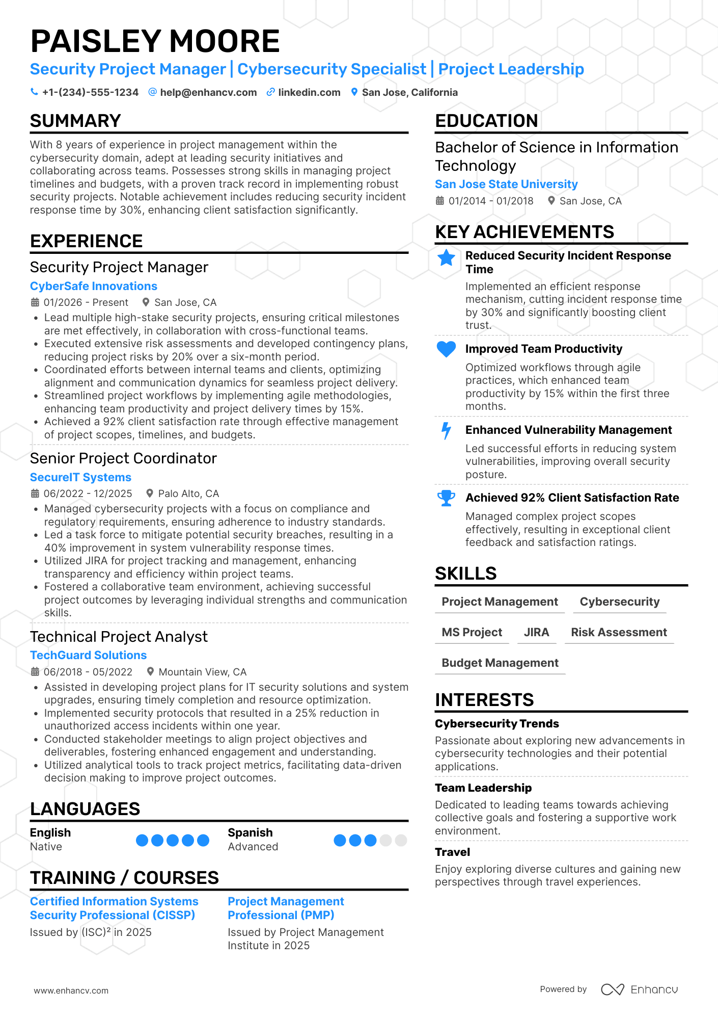 A resume example of a Security Project Manager