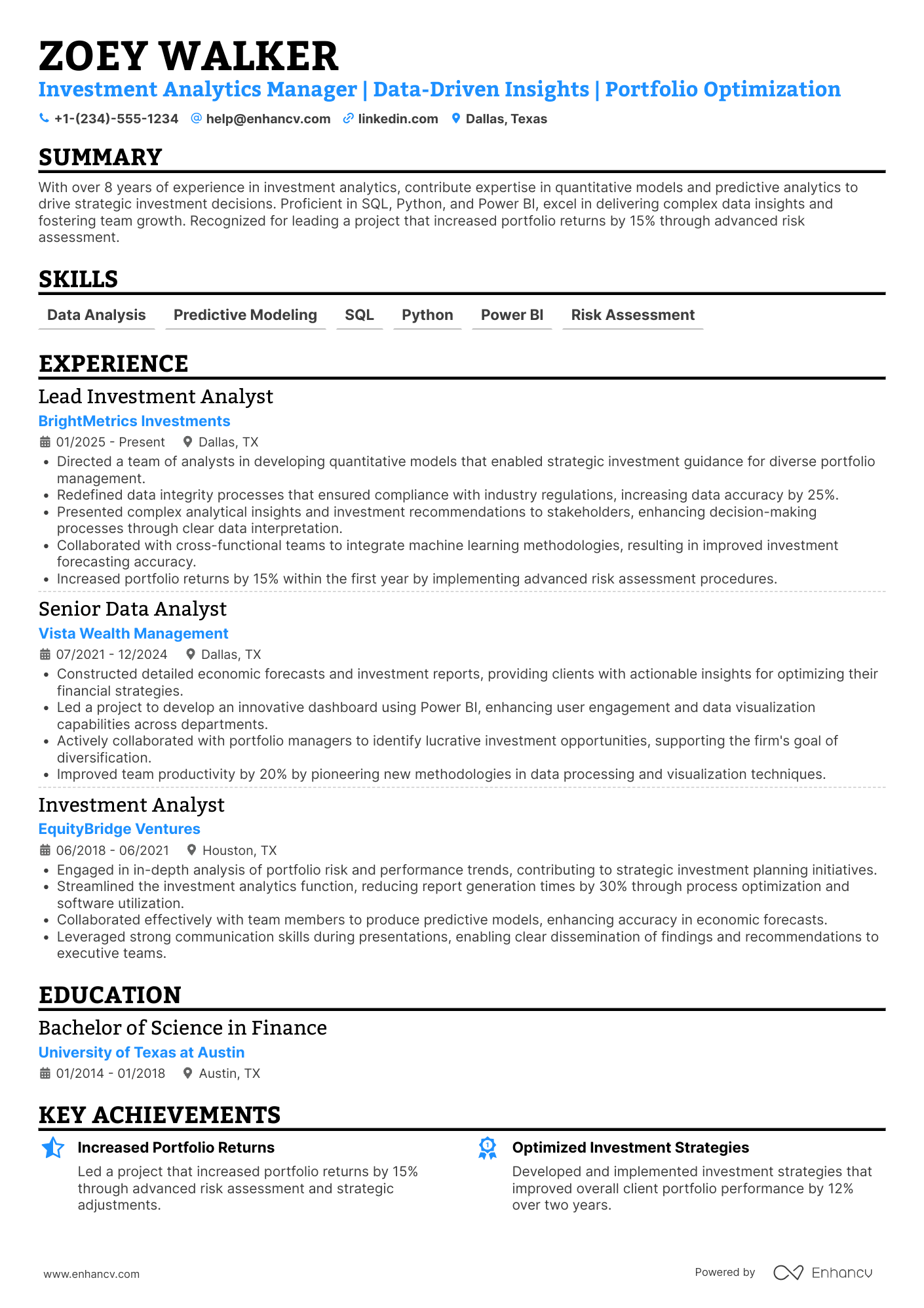 A resume example of a Investment Analytics Manager