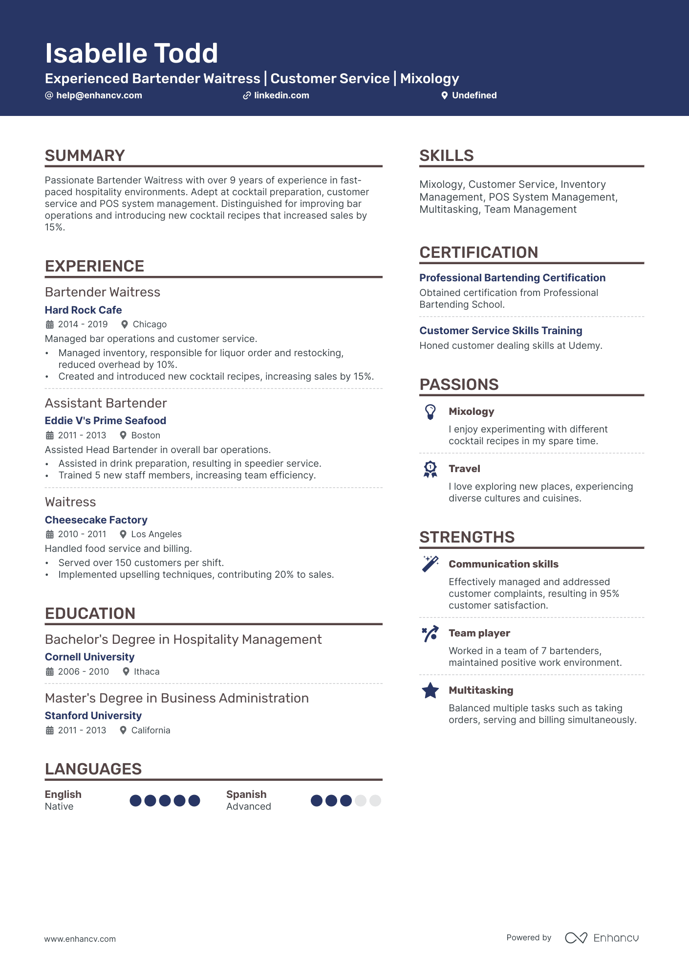 applying for a bartender position resume