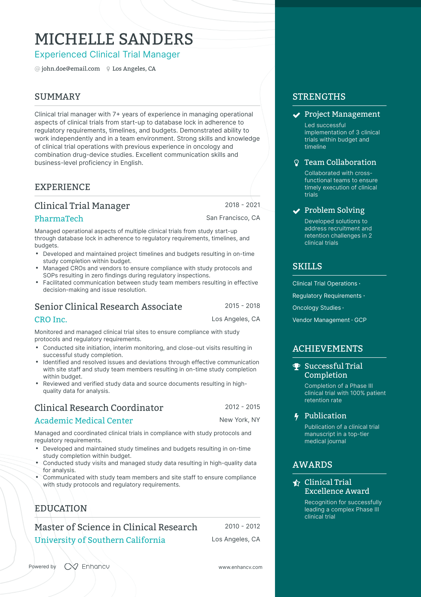One Page Clinical Trial Manager Resume Template