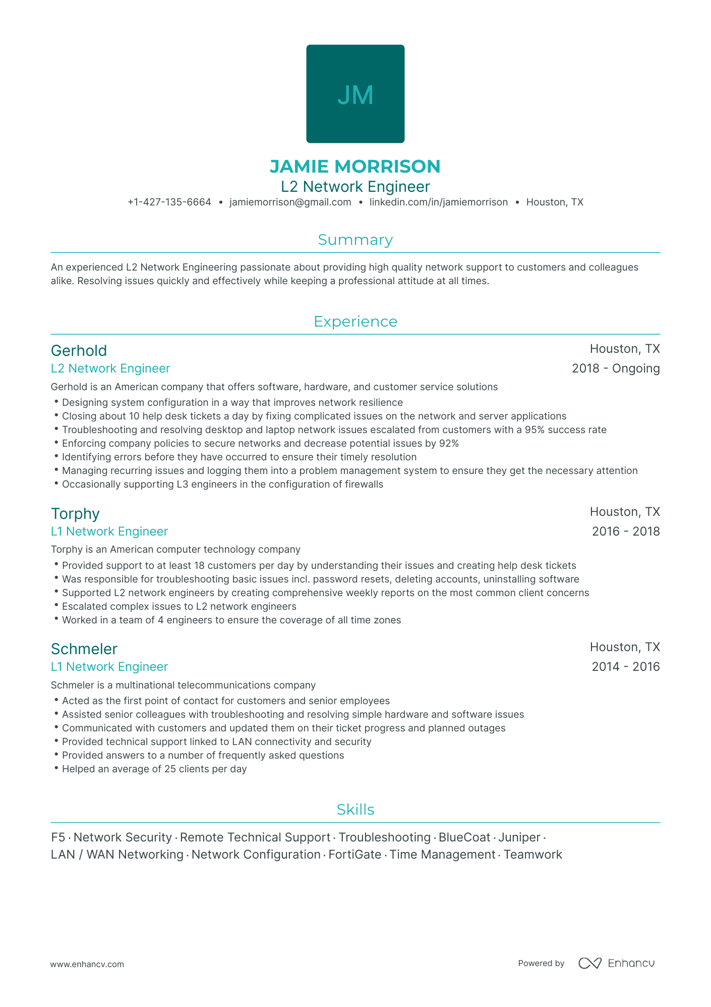 Traditional L2 Network Engineer Resume Template