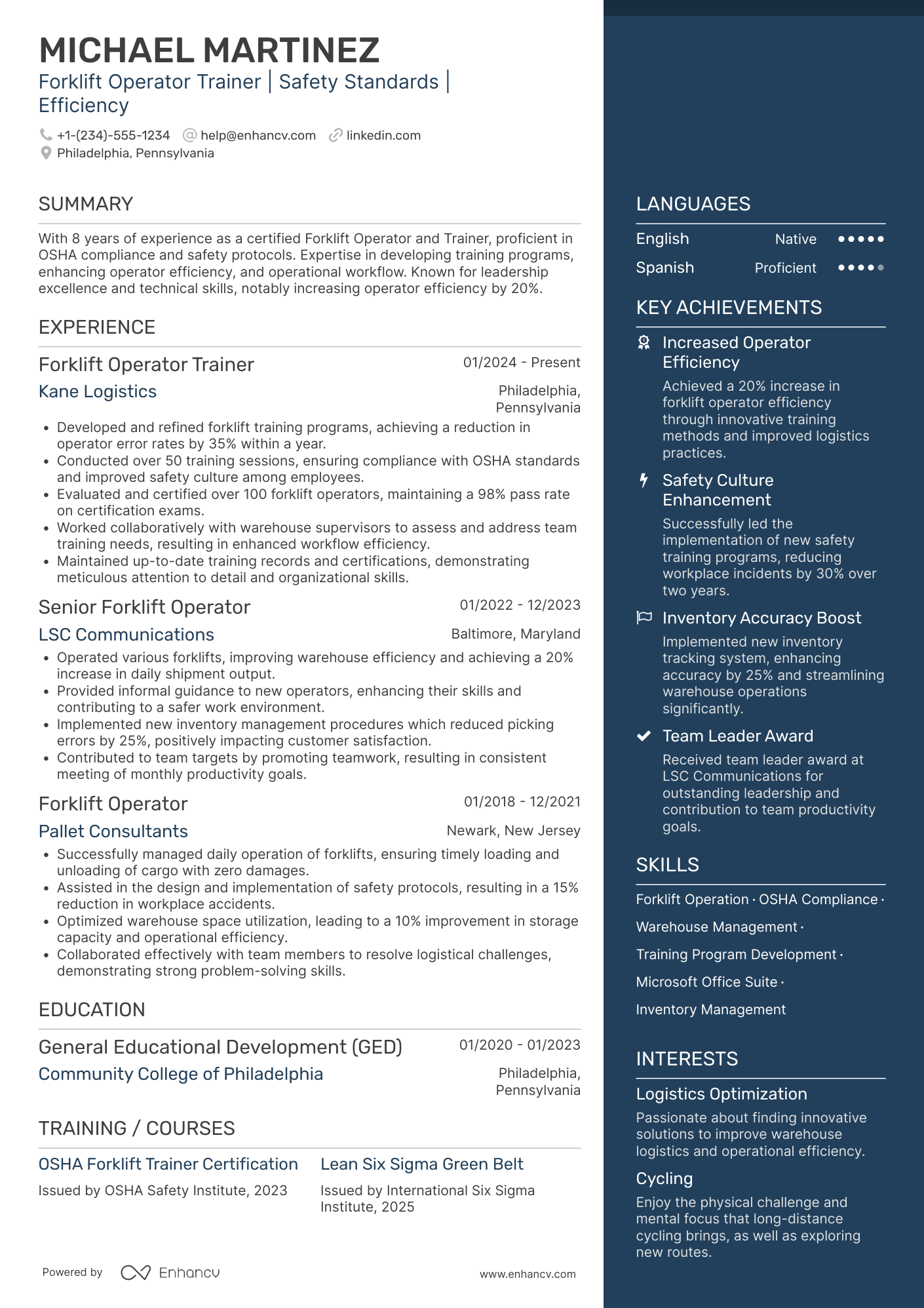 A resume example of a Forklift Operator Trainer