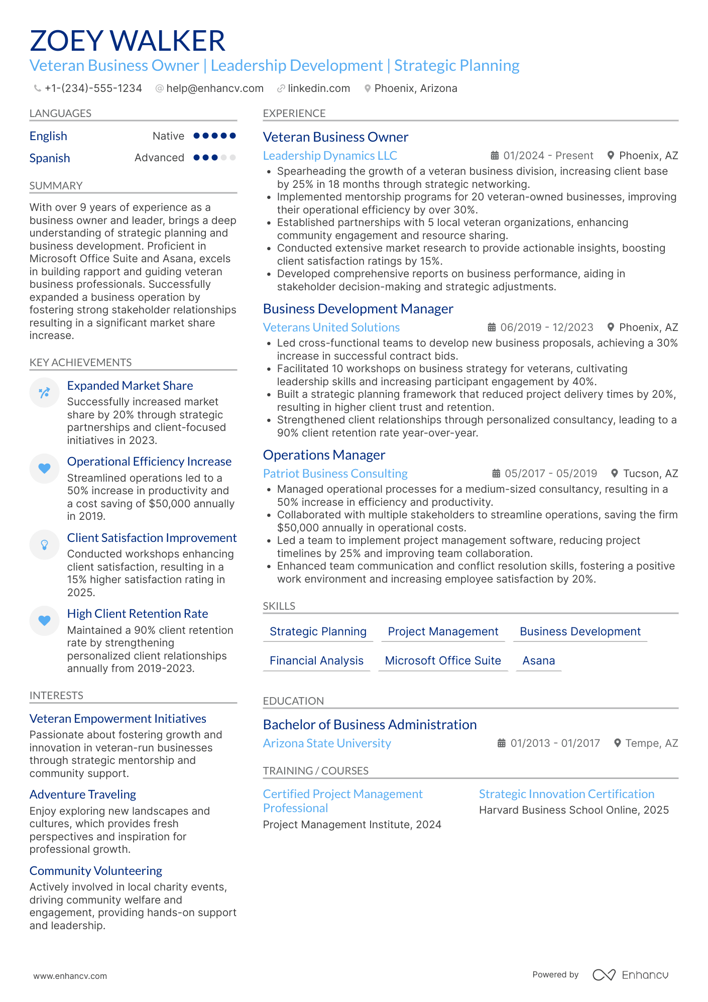 A resume example of a Veteran Business Owner