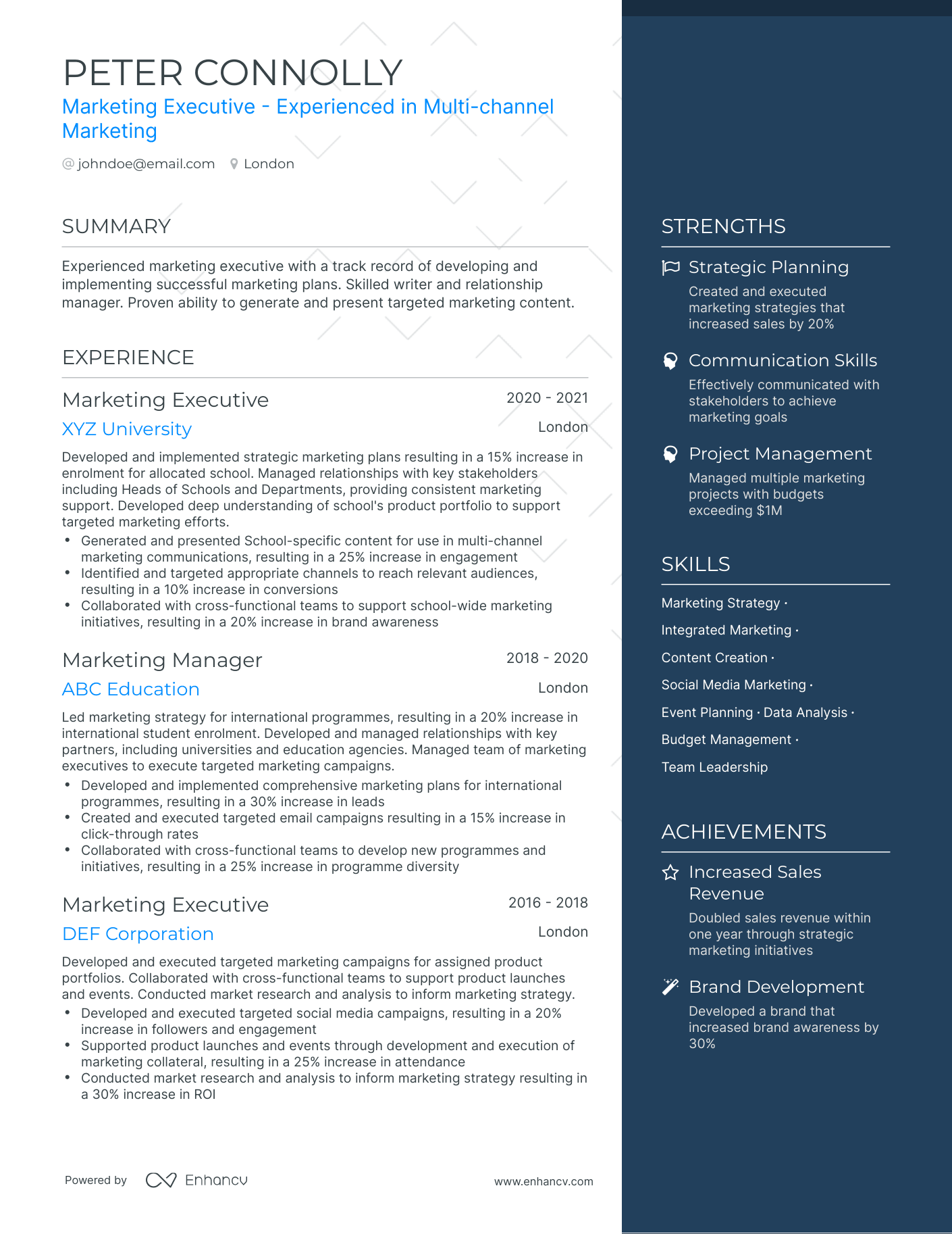 One Page Executive Marketing Resume Template