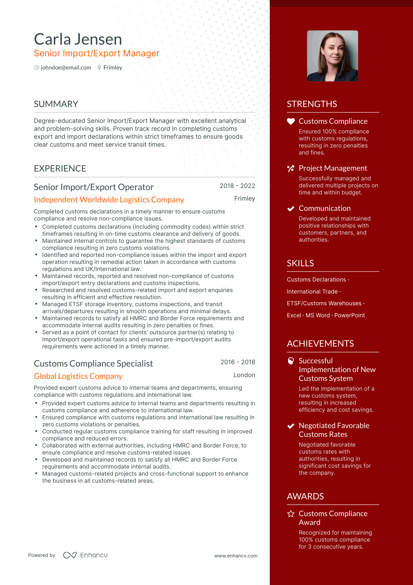 One Page Import Export Manager Resume Template