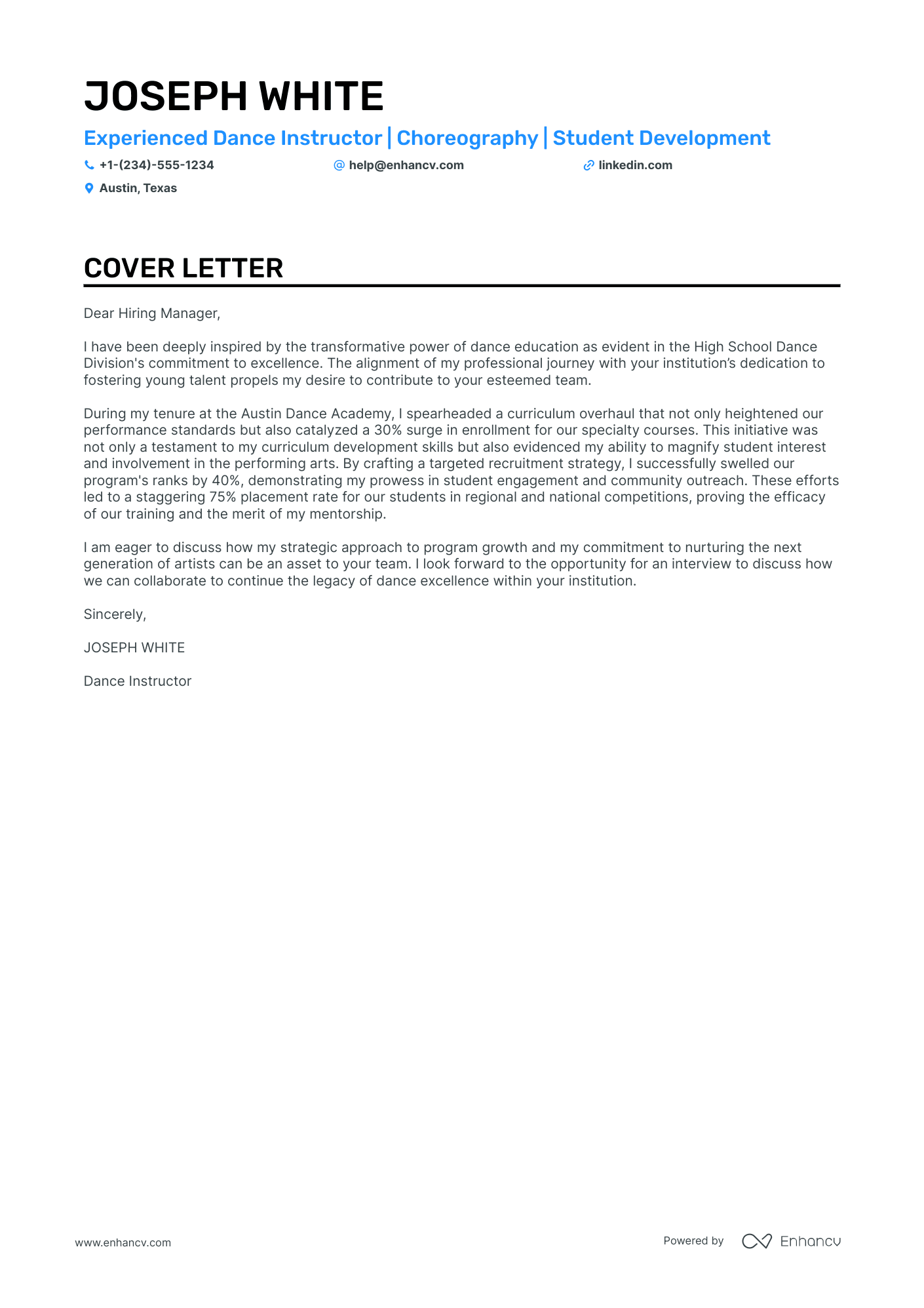 ballet teacher cover letter