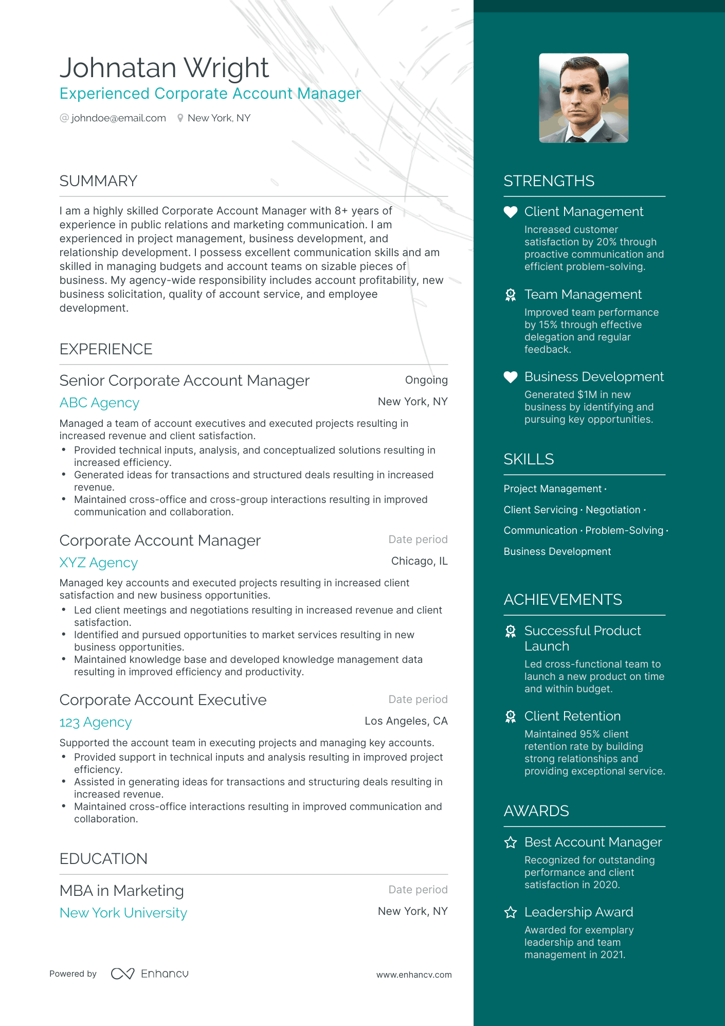 One Page Corporate Account Manager Resume Template