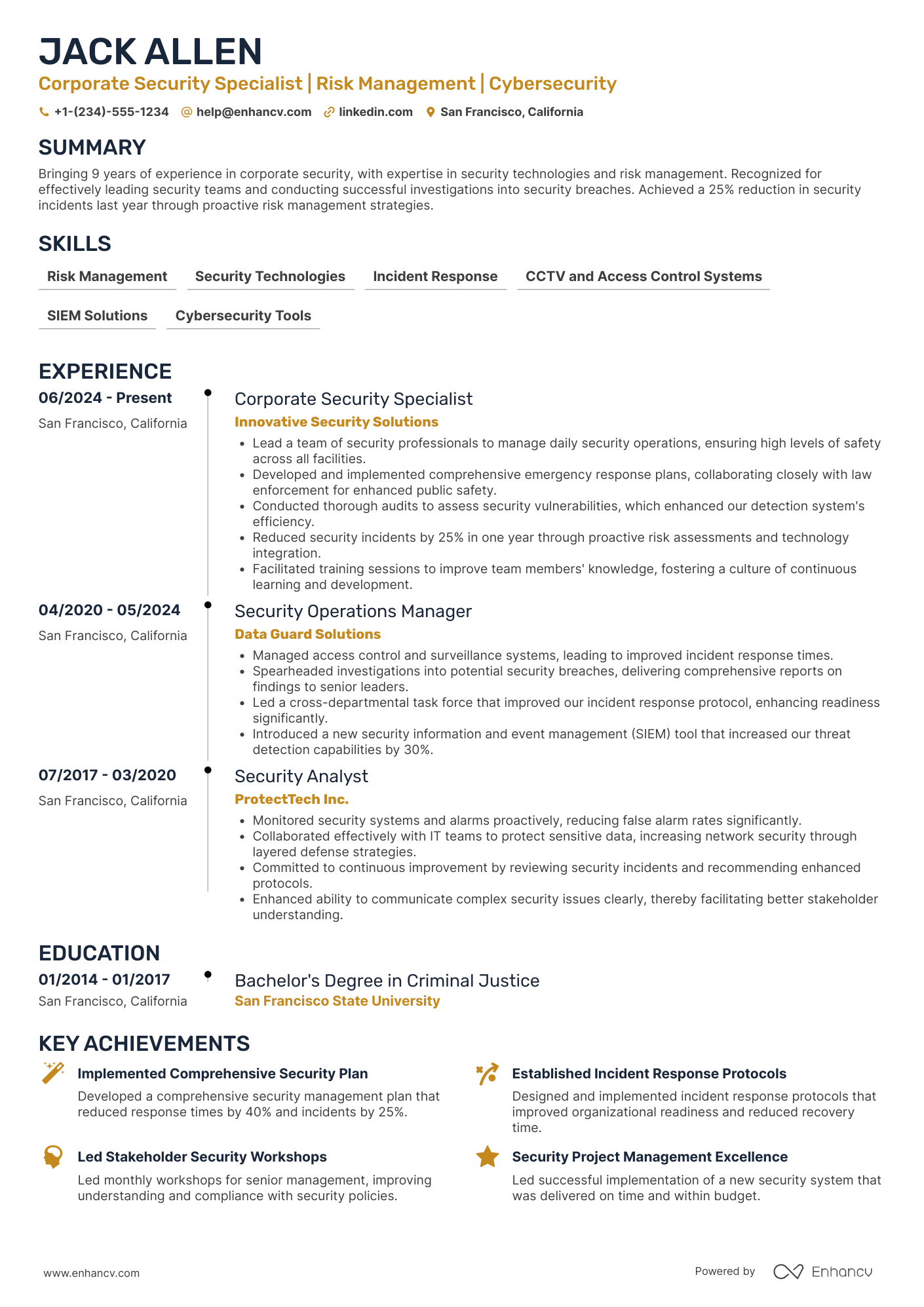 A resume example of a Corporate Security Officer