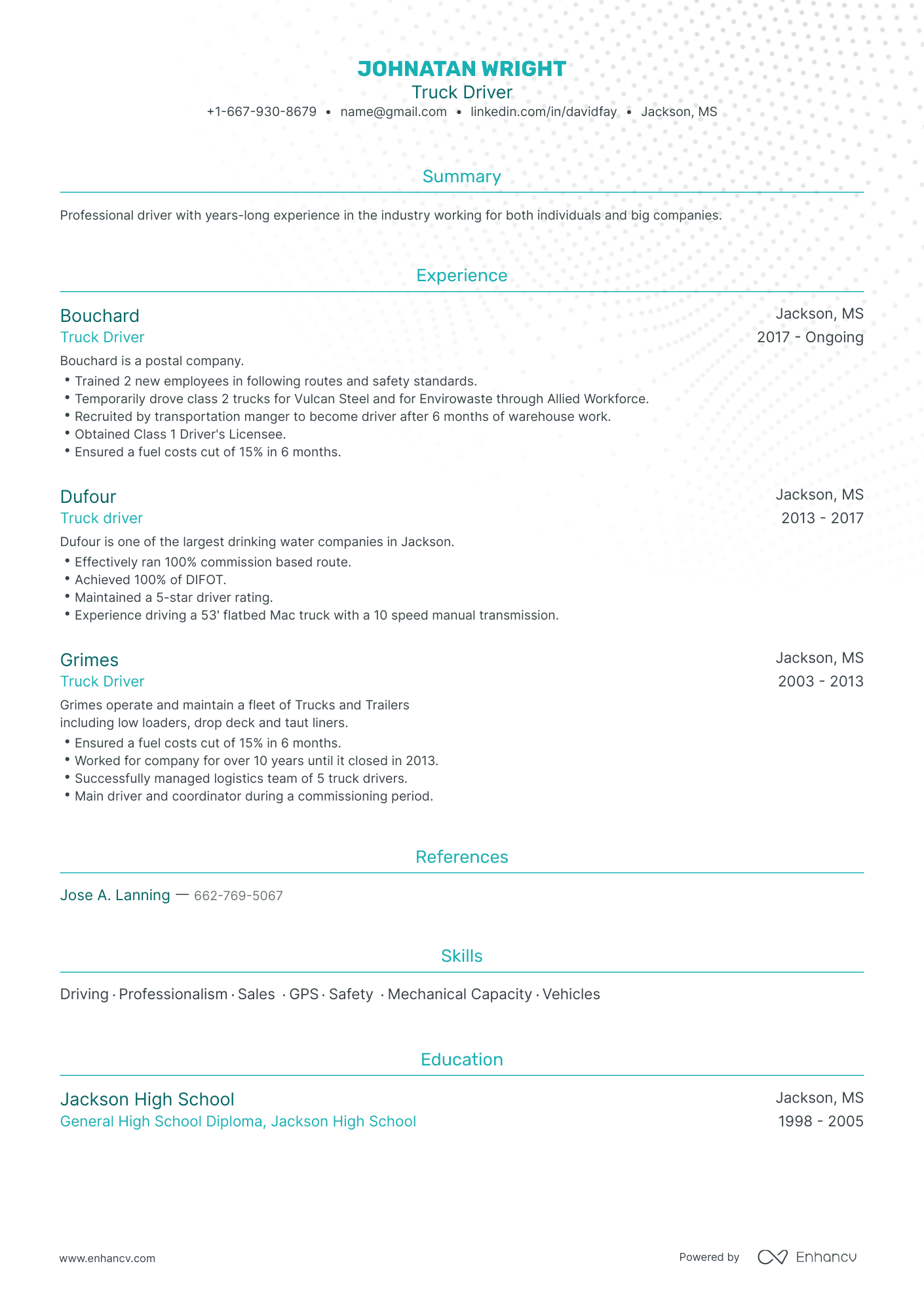 Traditional Truck Driver Resume Template