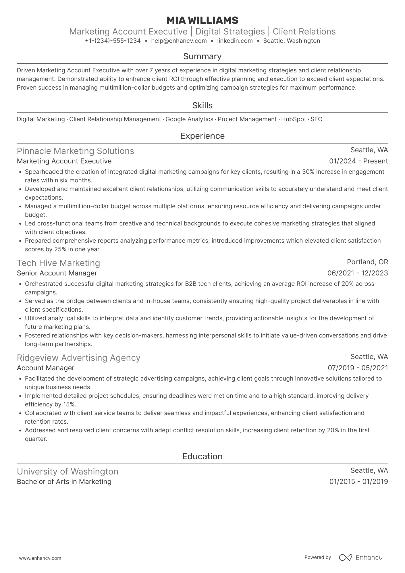 A resume example of a Marketing Account Executive