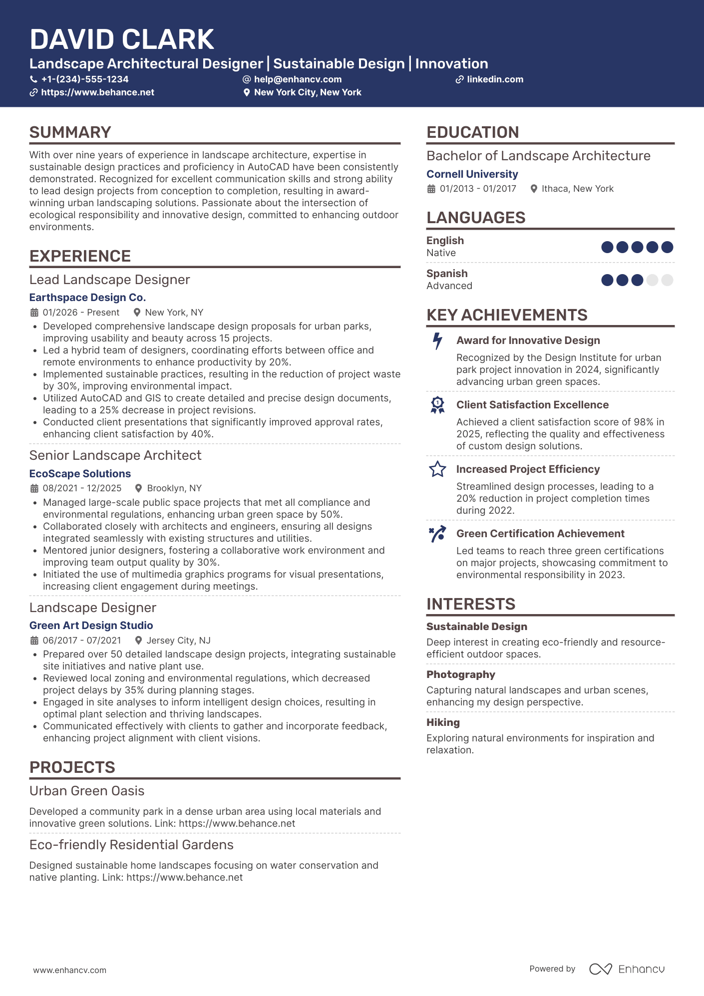 A resume example of a Landscape Architectural Designer