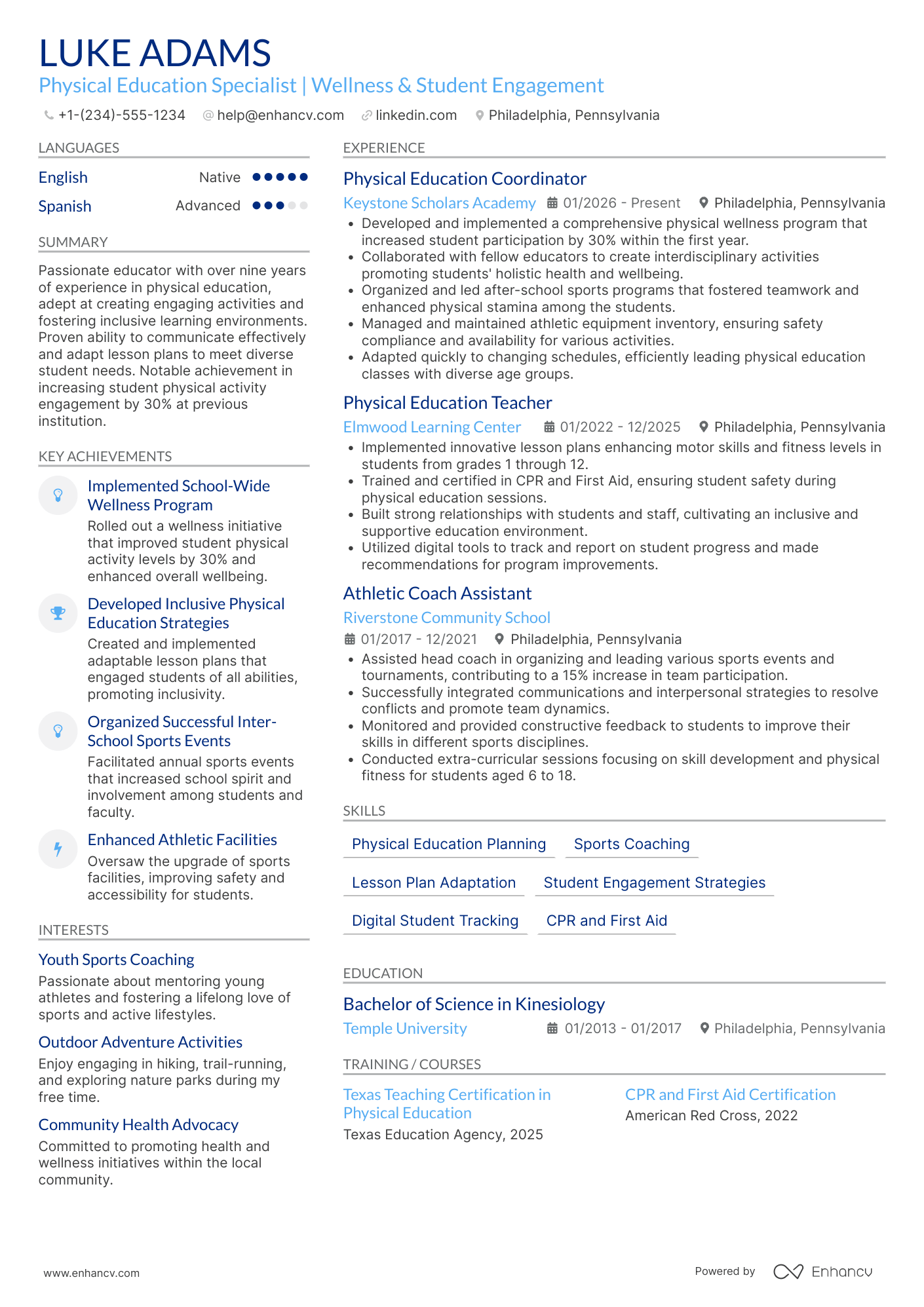 A resume example of a Substitute Physical Education Teacher