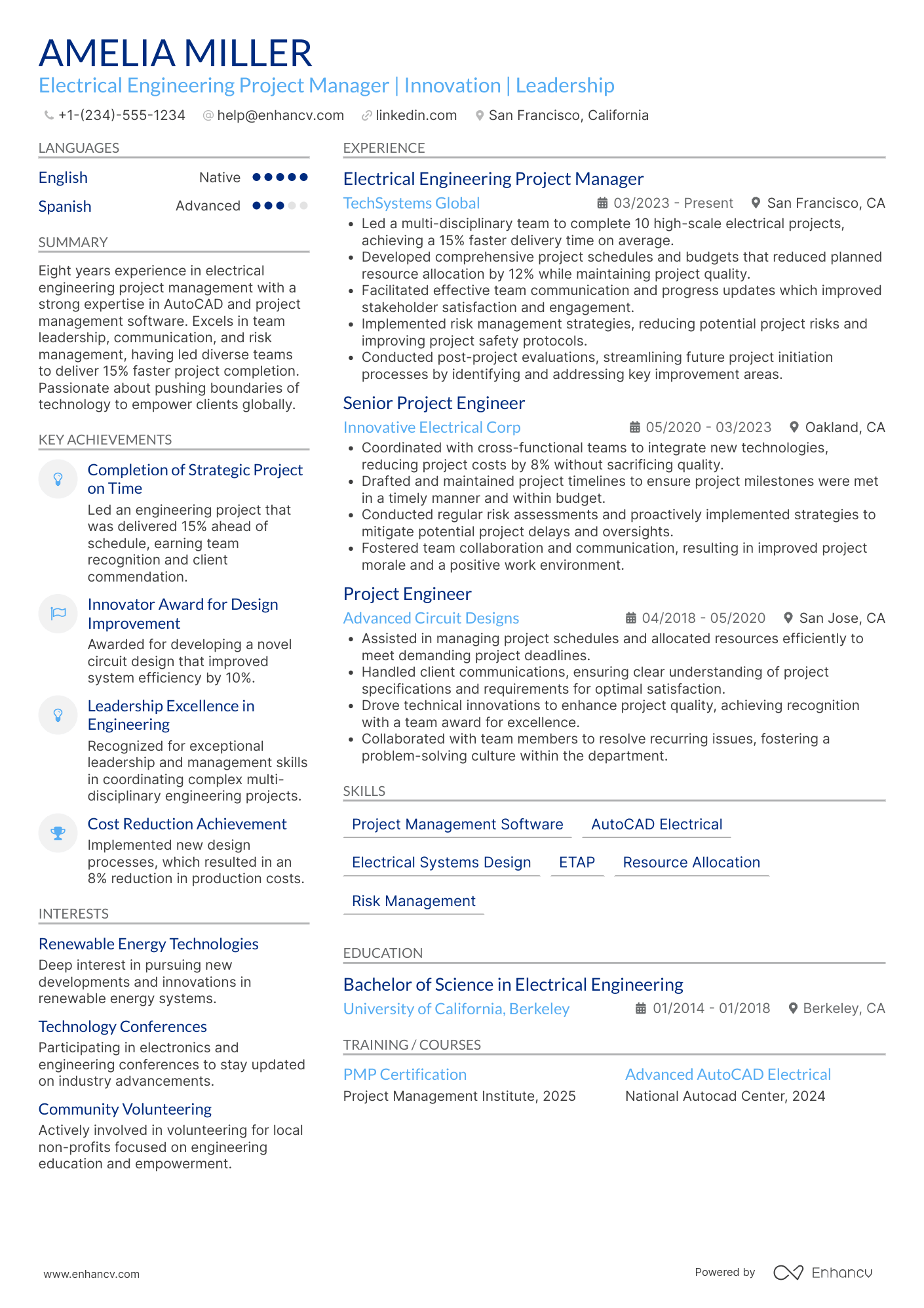 A resume example of a Electrical Engineering Project Manager