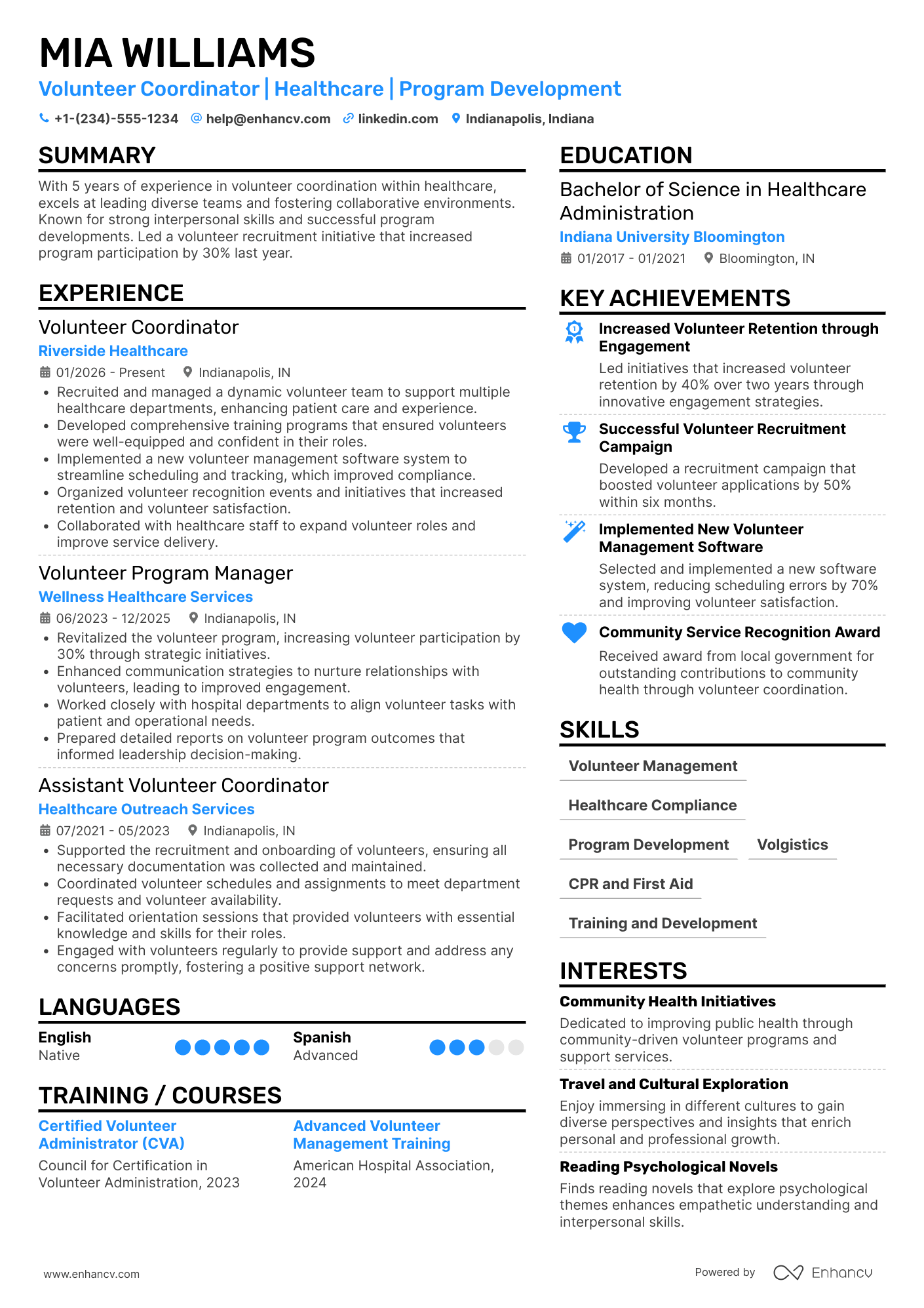 A resume example of a Hospital Volunteer Coordinator