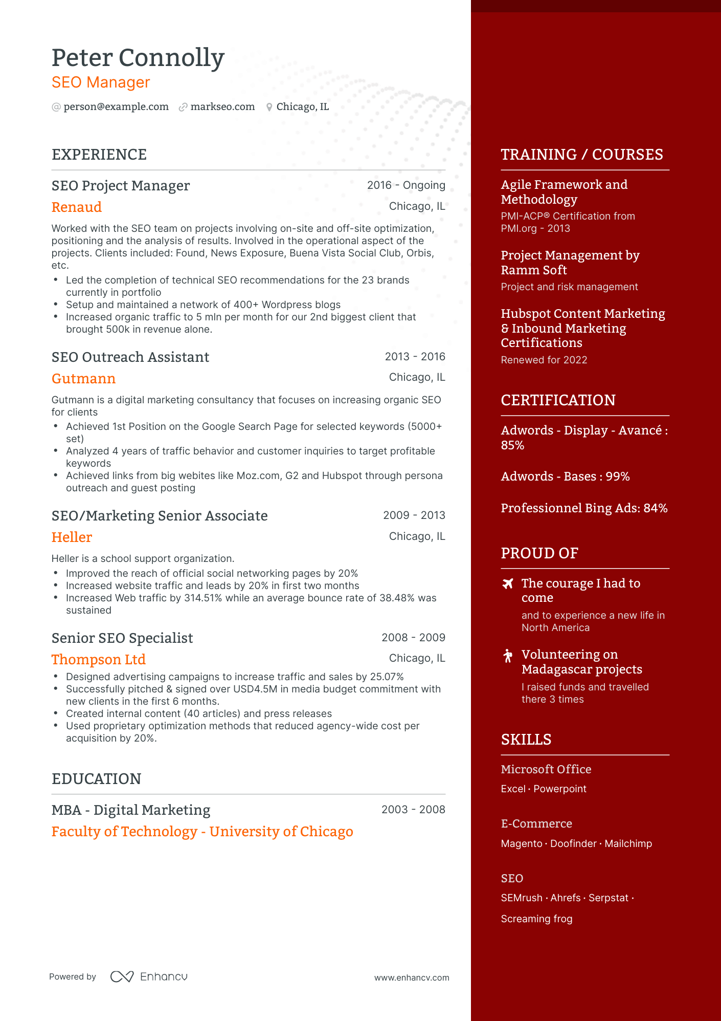 One Page SEO Manager Resume Template