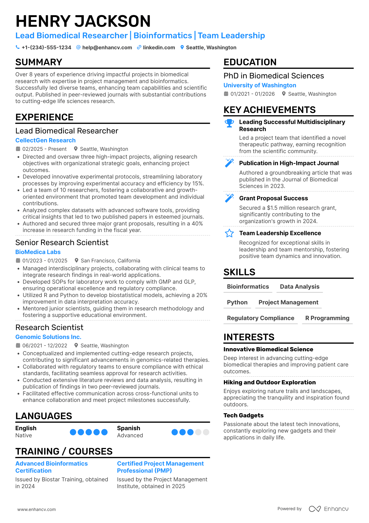 A resume example of a Lead Biomedical Researcher