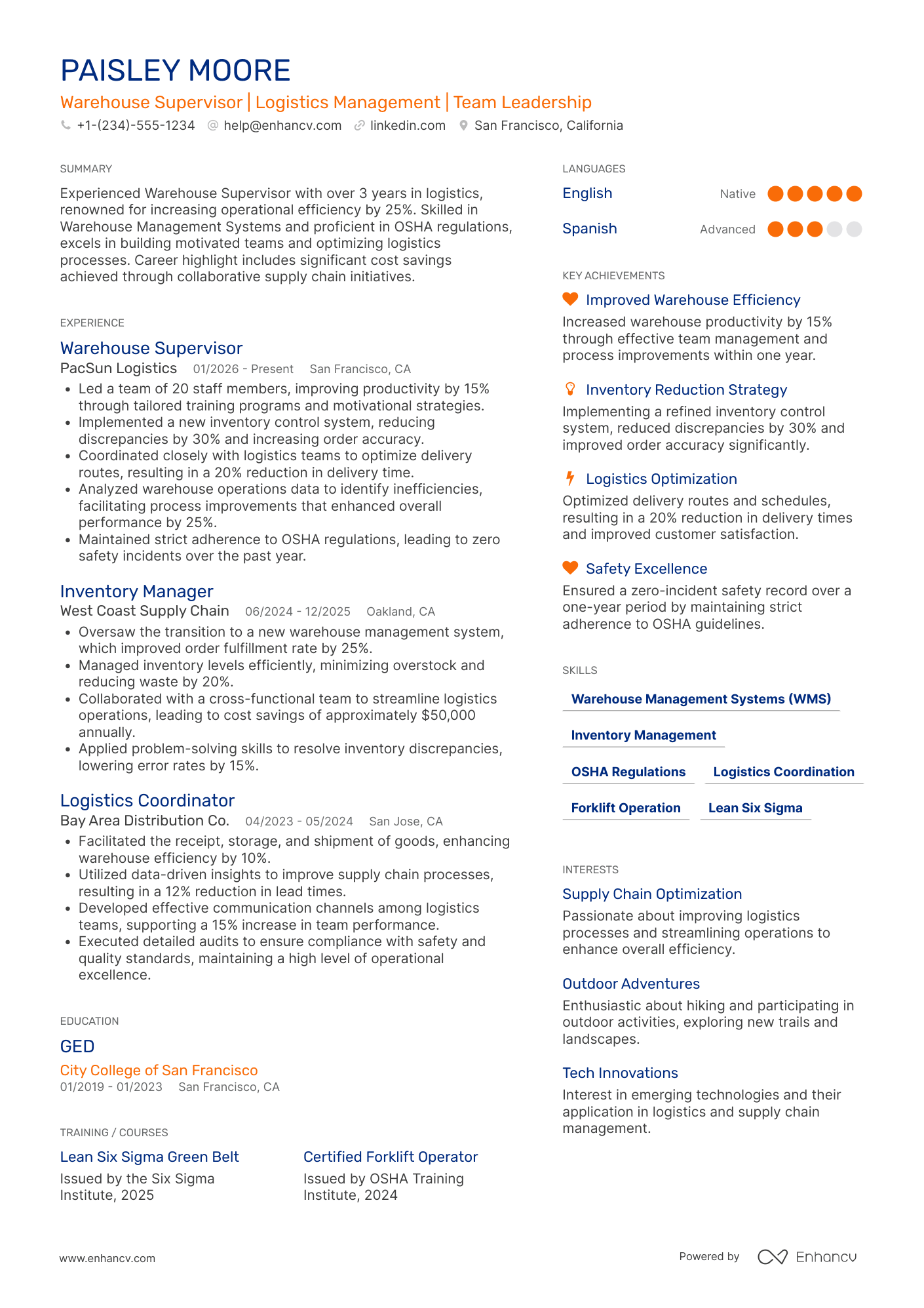 A resume example of a Warehouse Supervisor