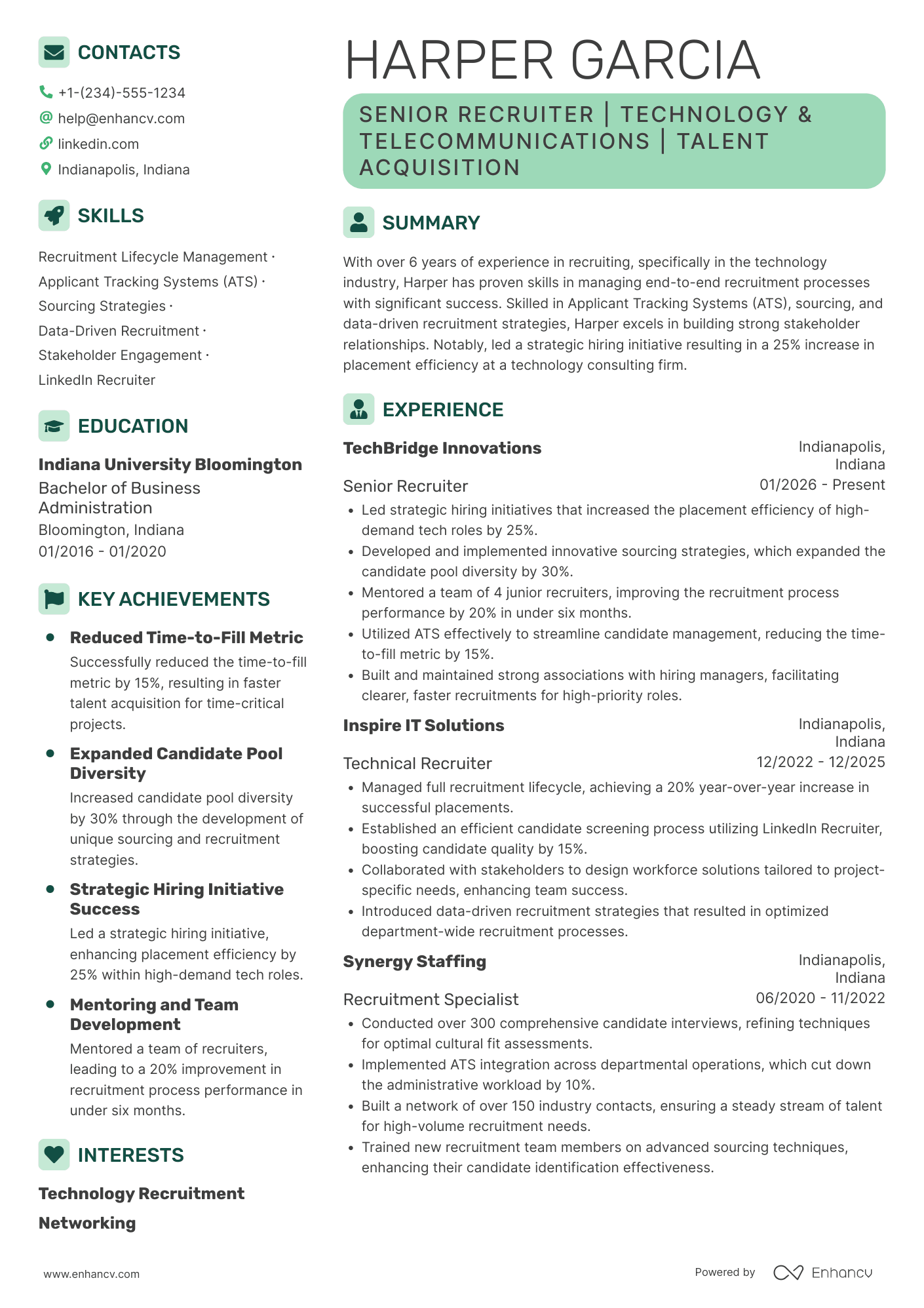 A resume example of a Senior Recruiter