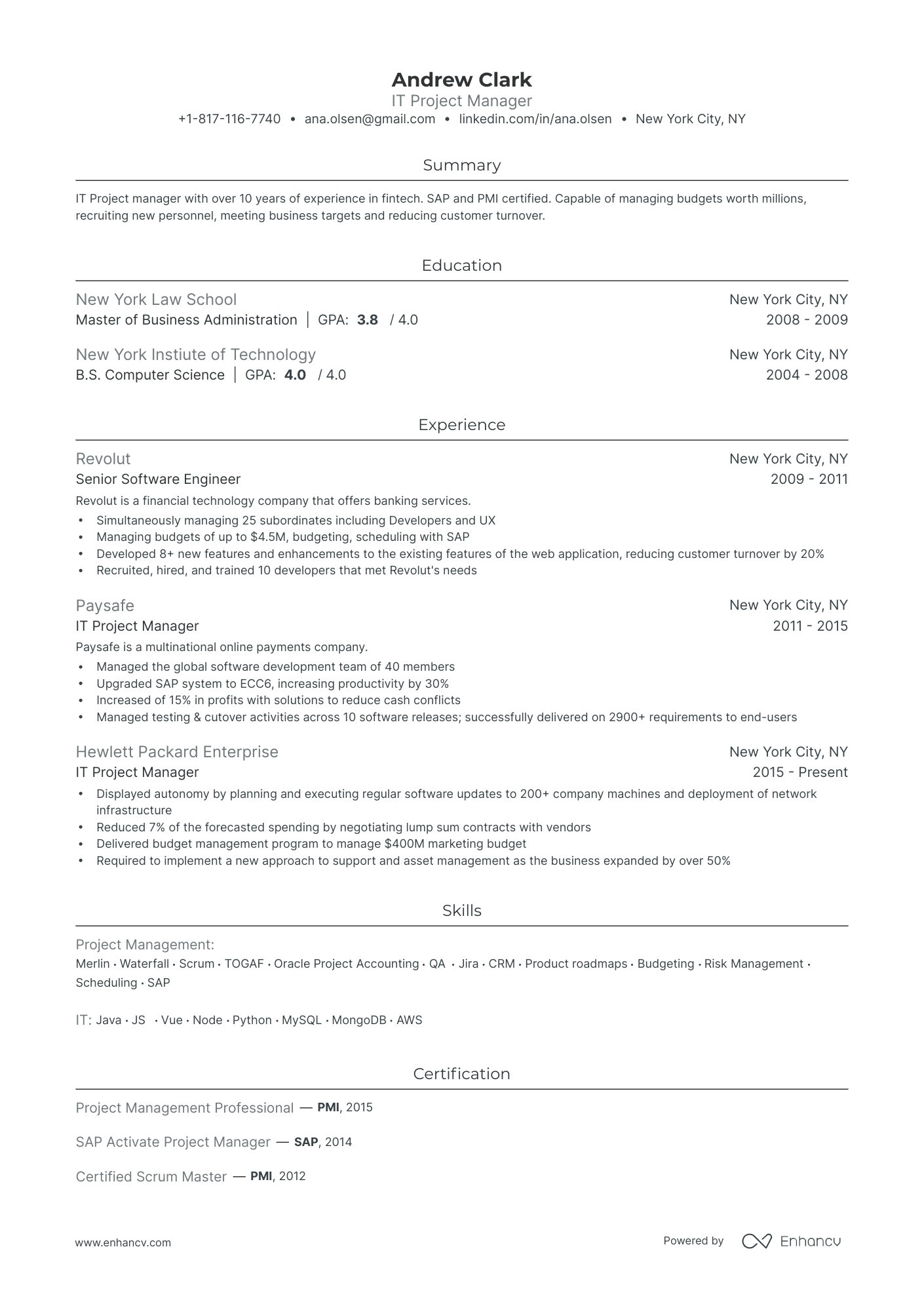 it project manager resume summary example