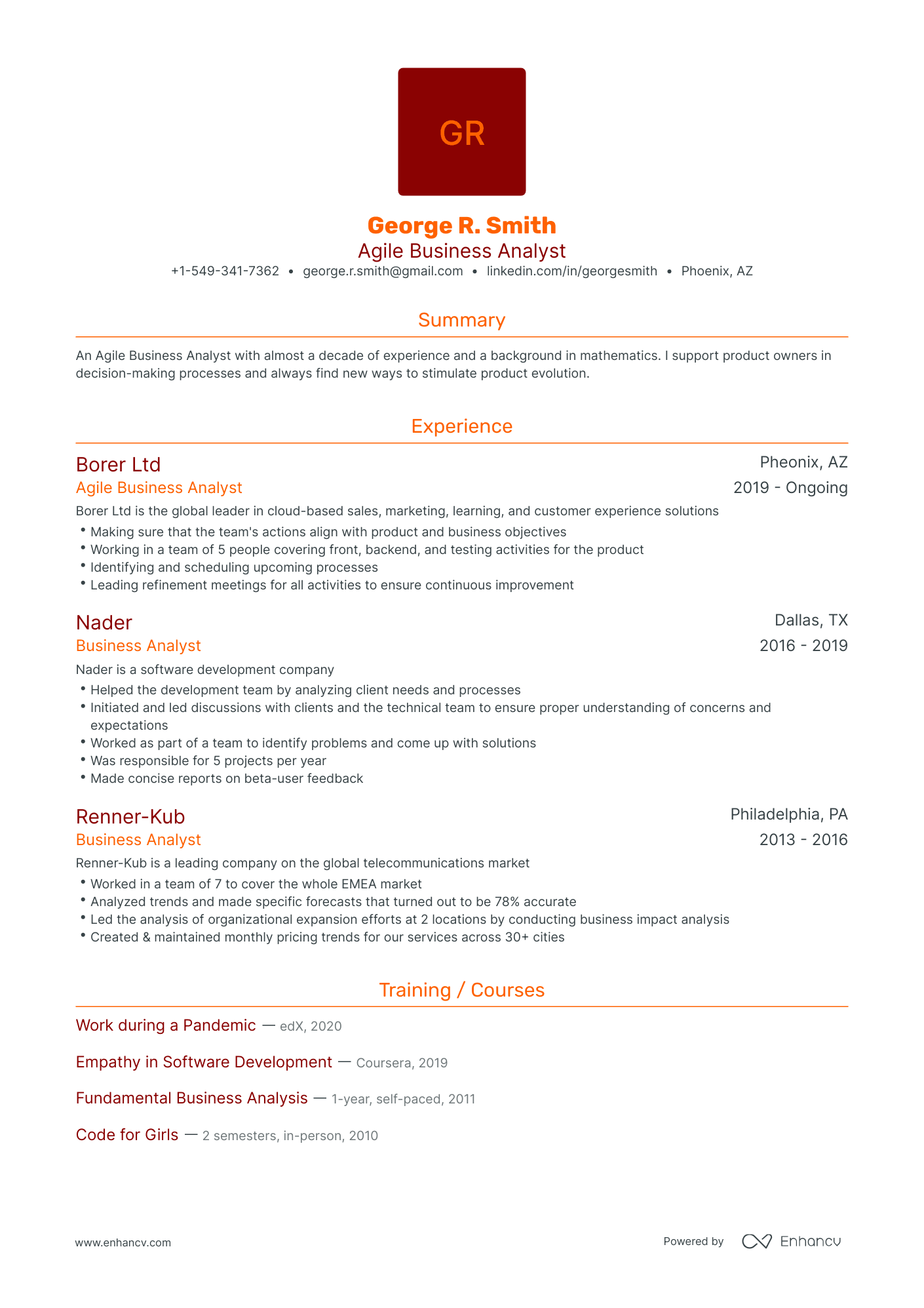 Traditional Agile Business Analyst Resume Template