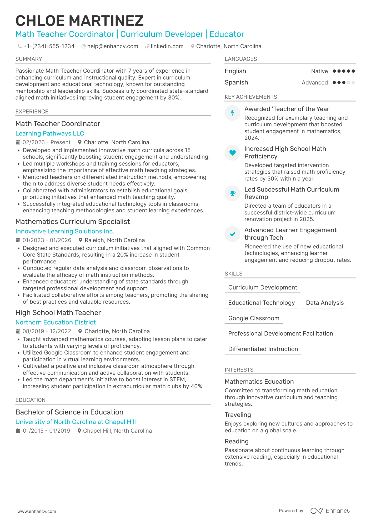 A resume example of a Math Teacher Coordinator
