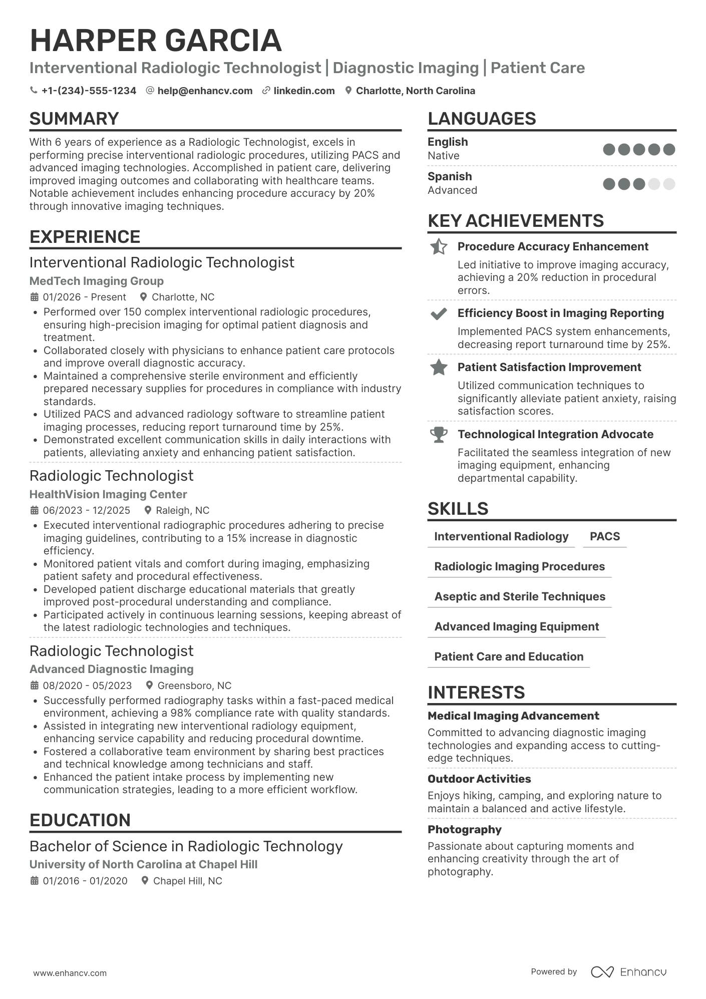 A resume example of a Interventional Radiologic Technologist