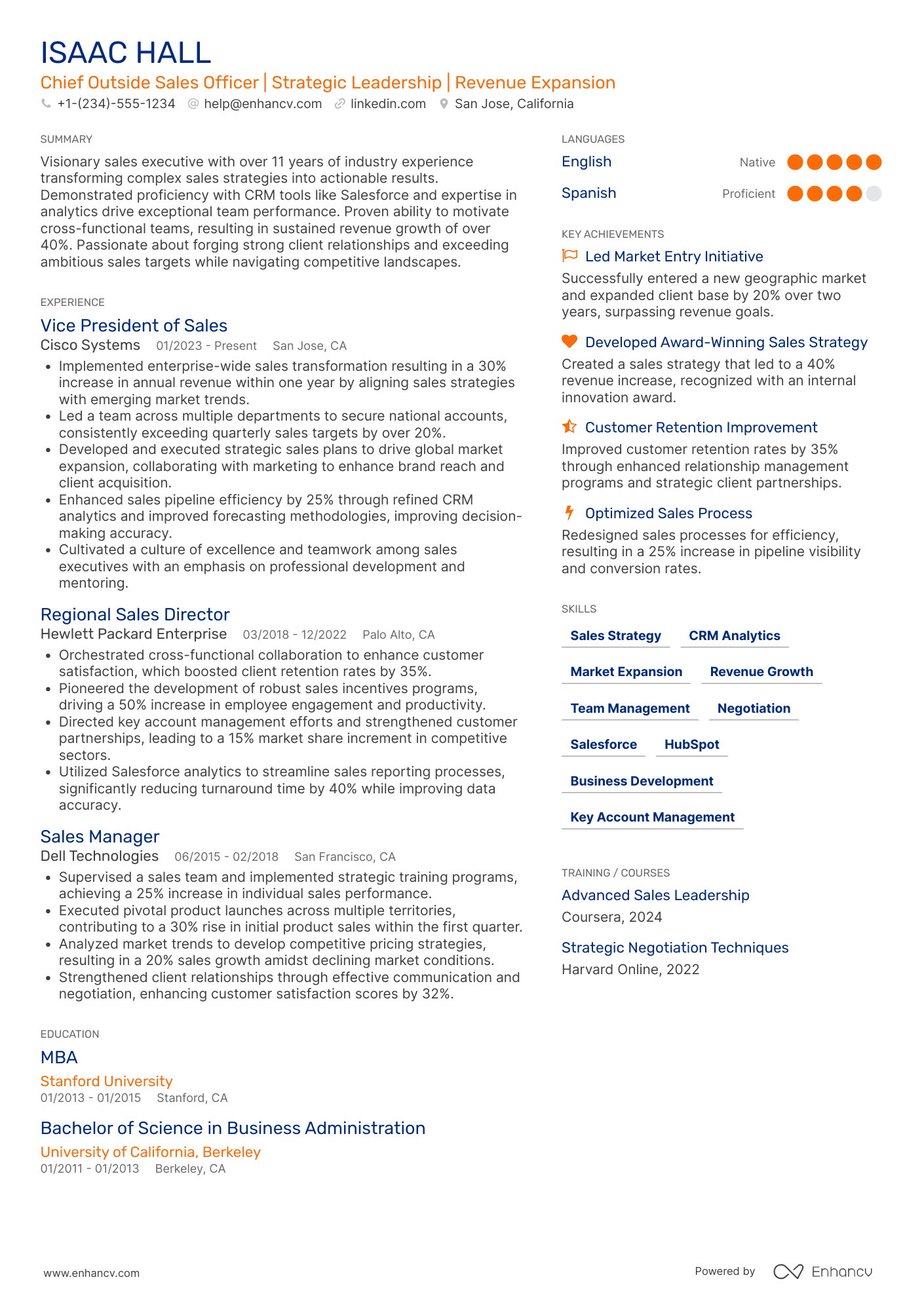 A resume example of a Chief Outside Sales Officer