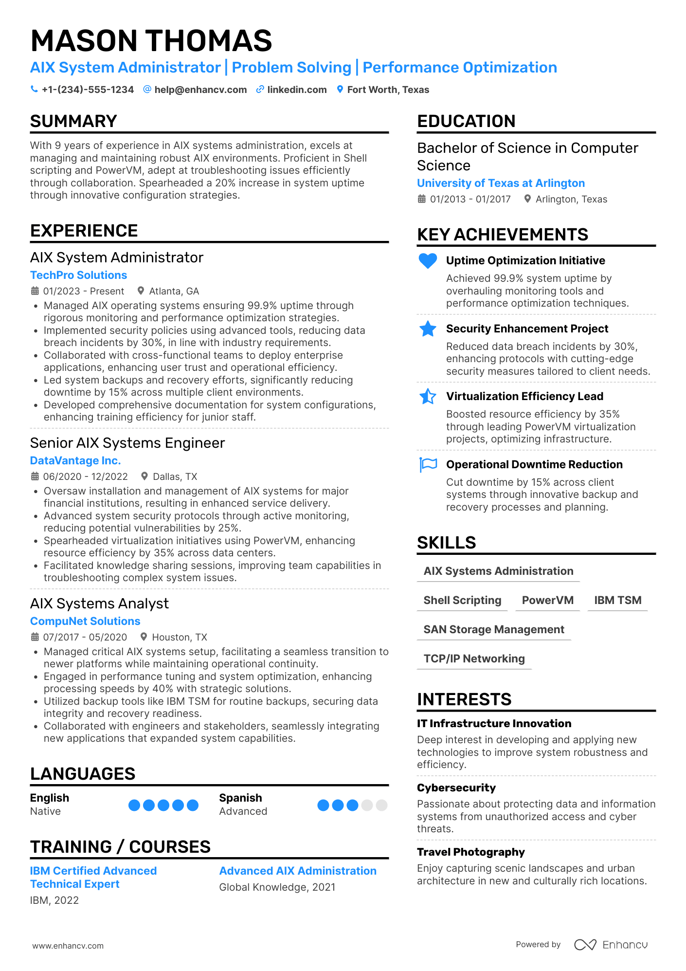 A resume example of a AIX System Administrator