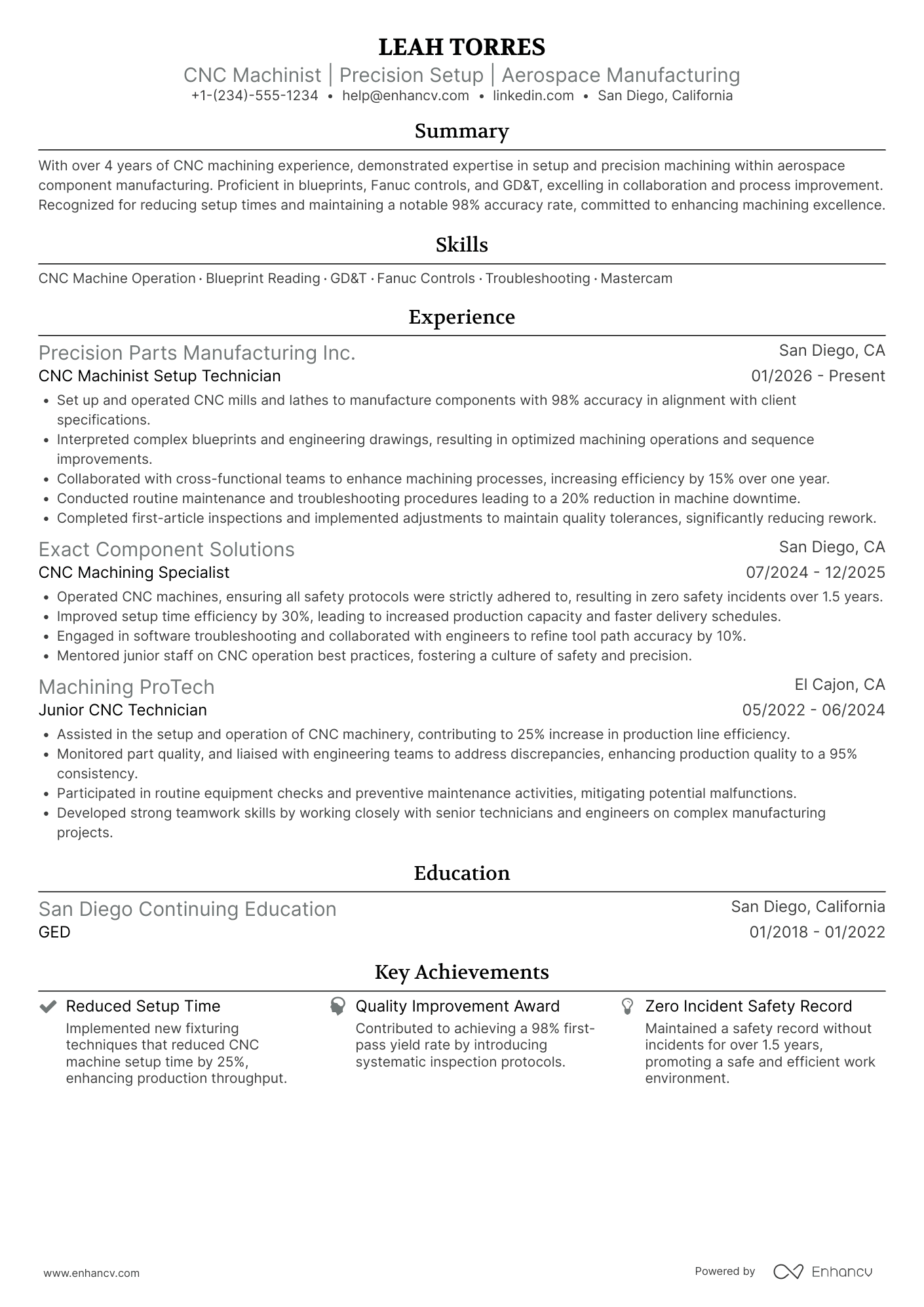 A resume example of a CNC Machinist Setup Technician