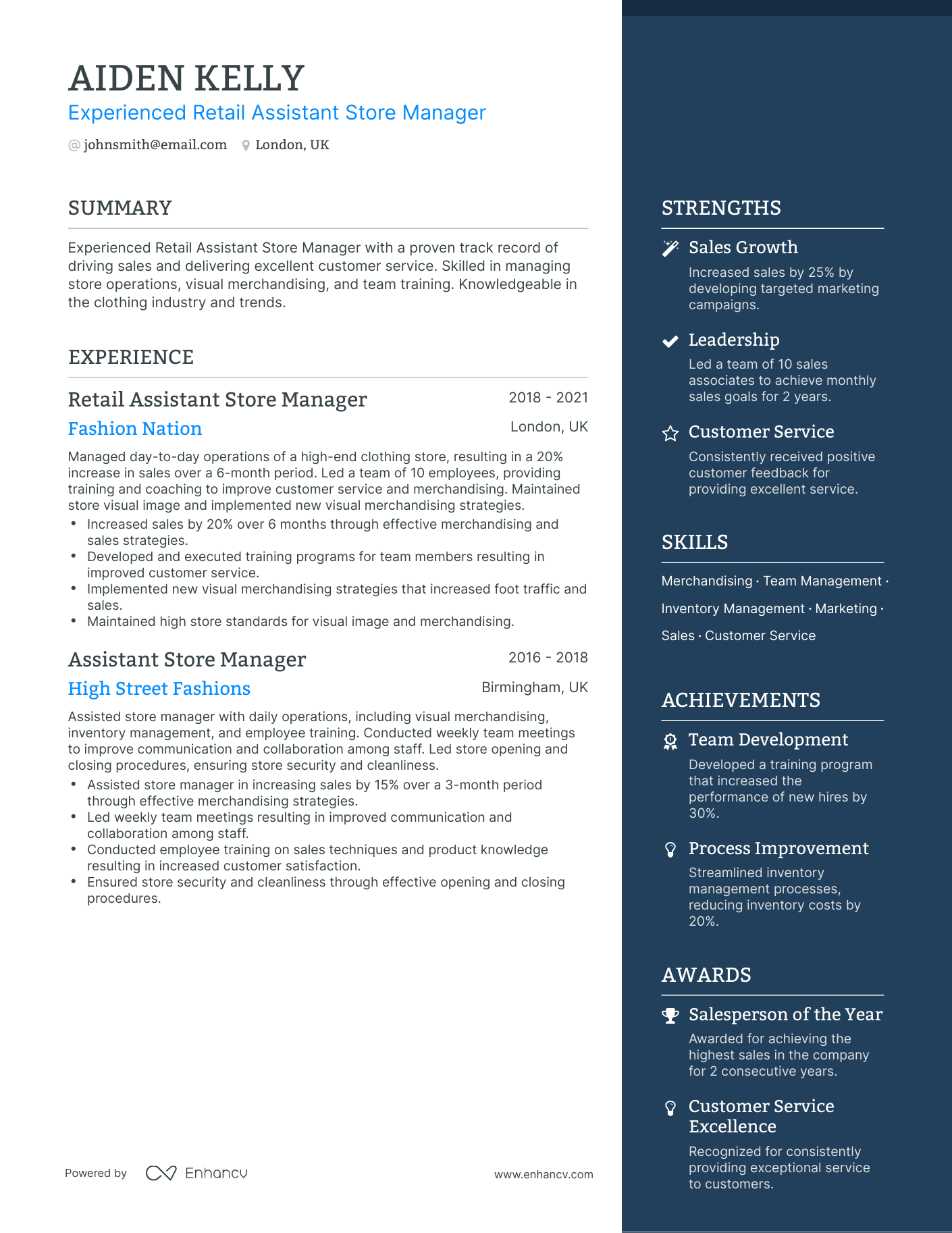 One Page Retail Assistant Store Manager Resume Template