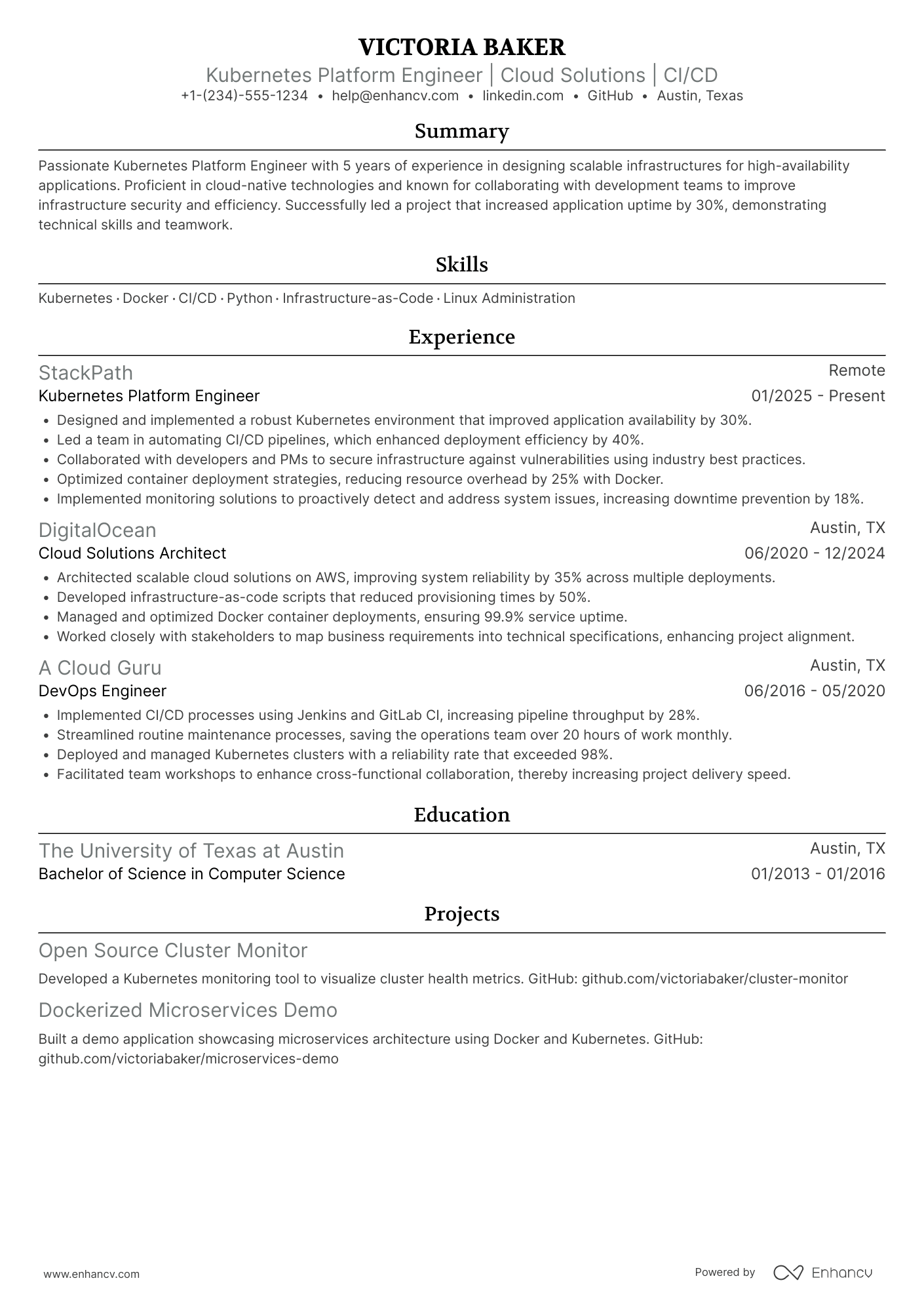 A resume example of a Kubernetes Platform Engineer