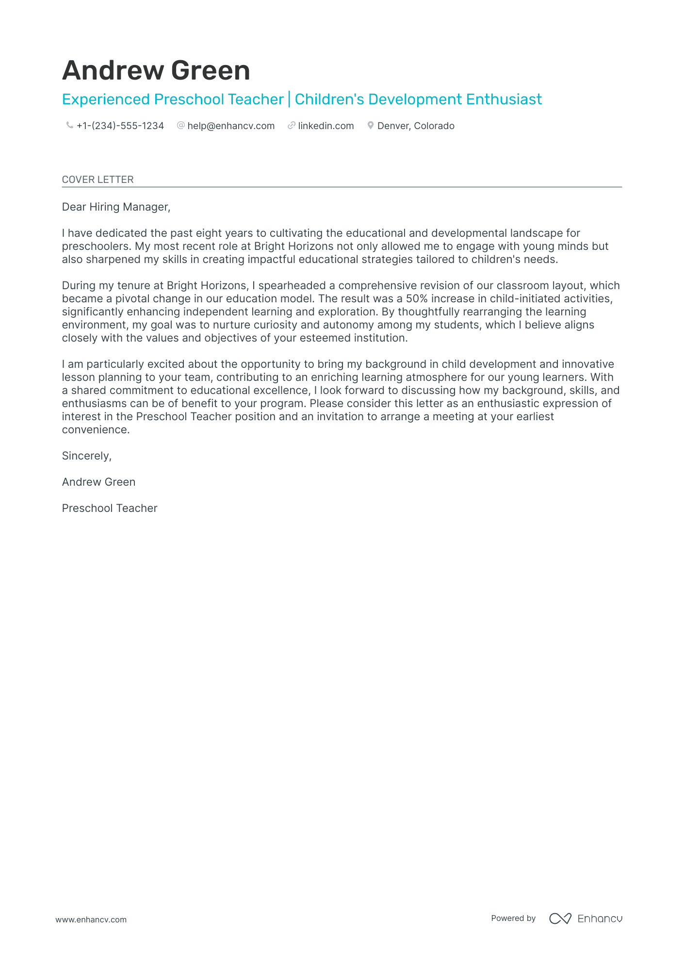 daycare teacher cover letter sample