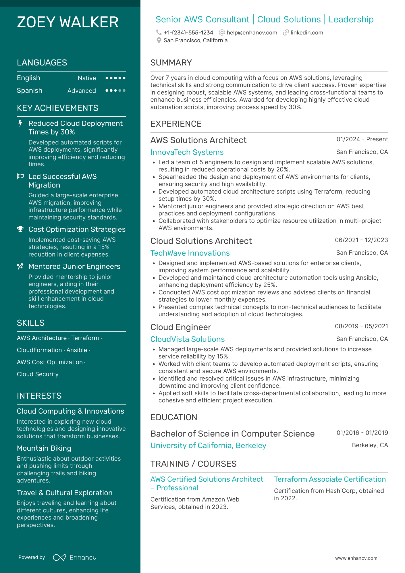 A resume example of a Senior Amazon Web Services Consultant