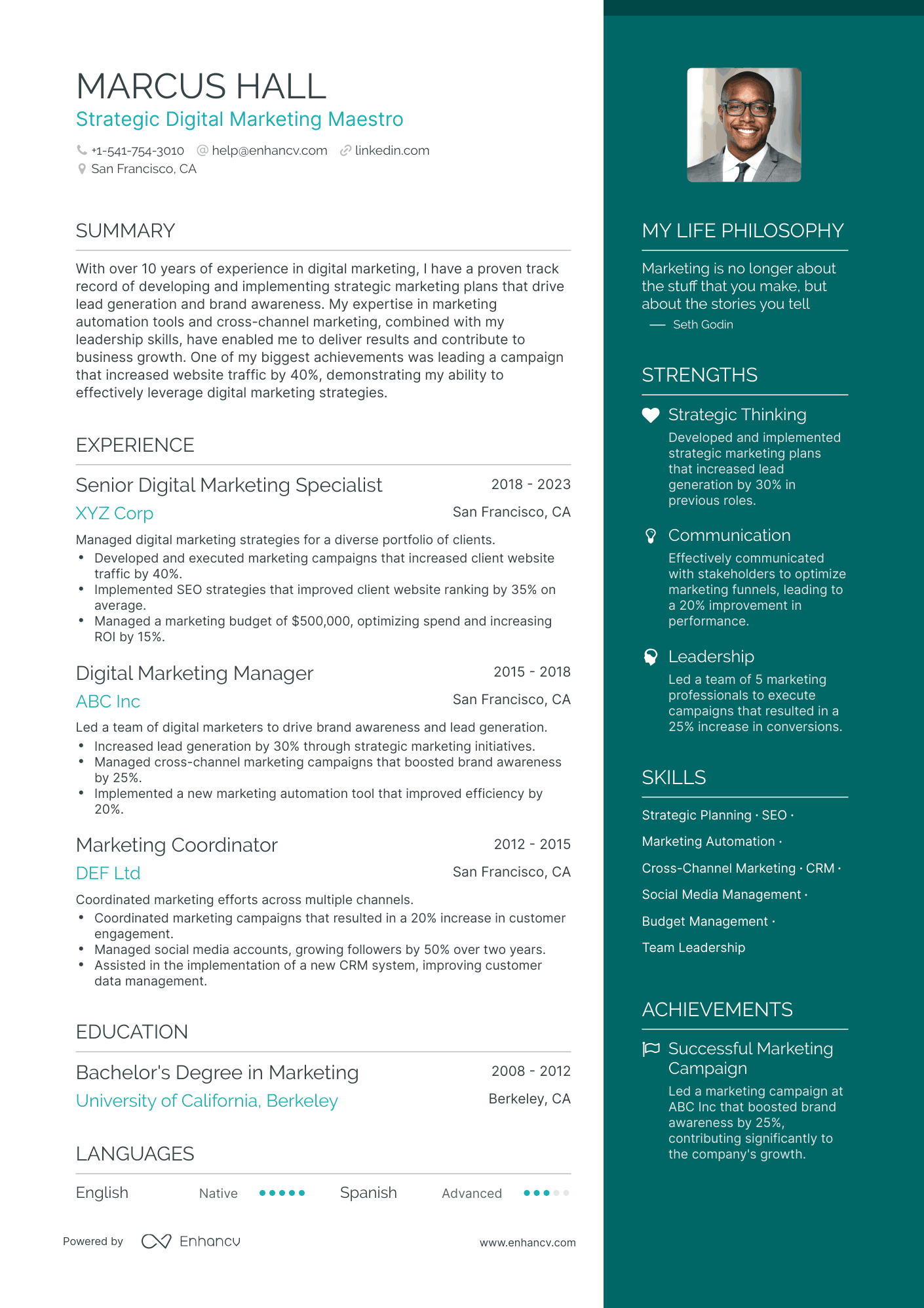 One Page Digital Marketing Consultant Resume Template