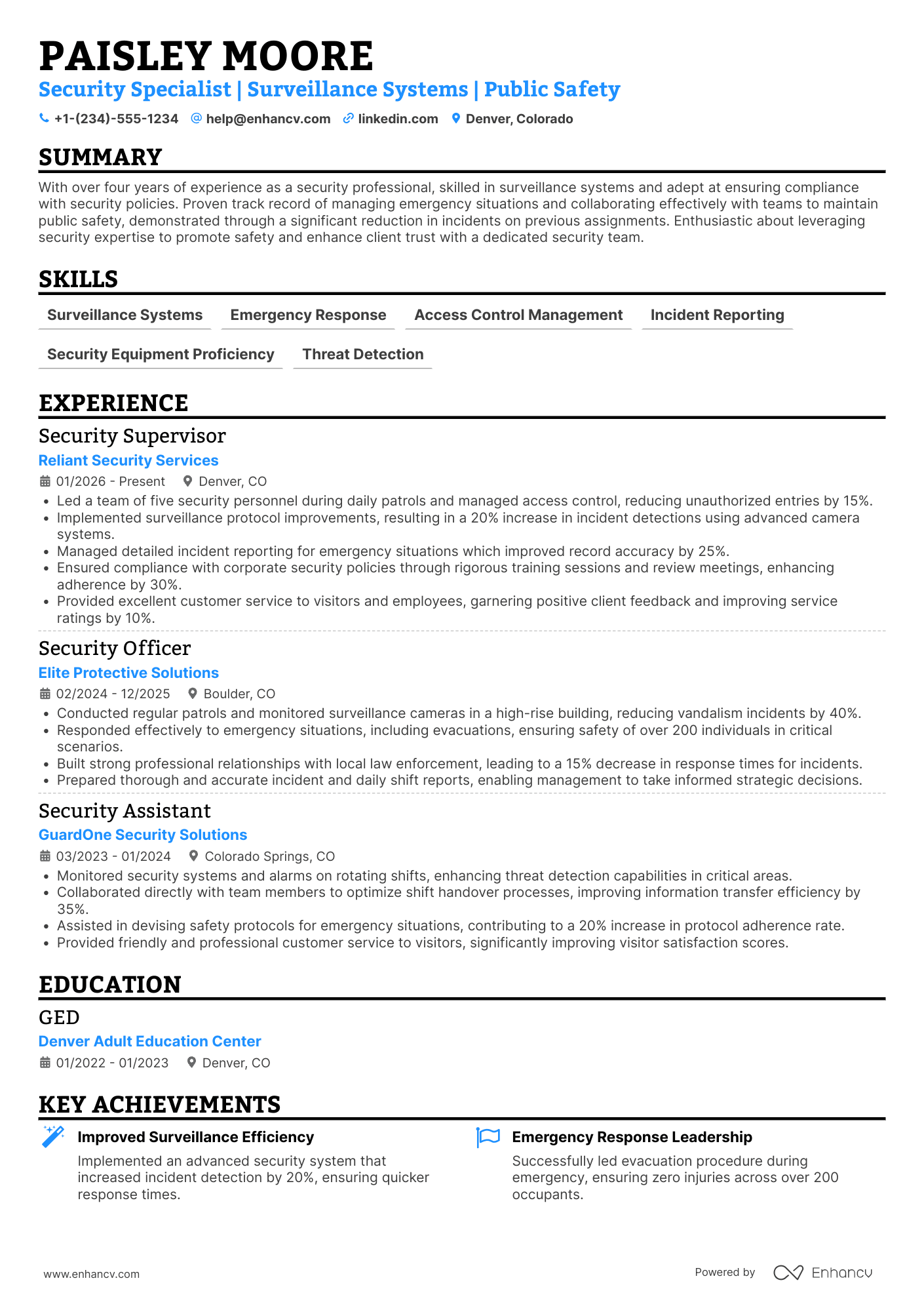 A resume example of a Day Shift Security Guard
