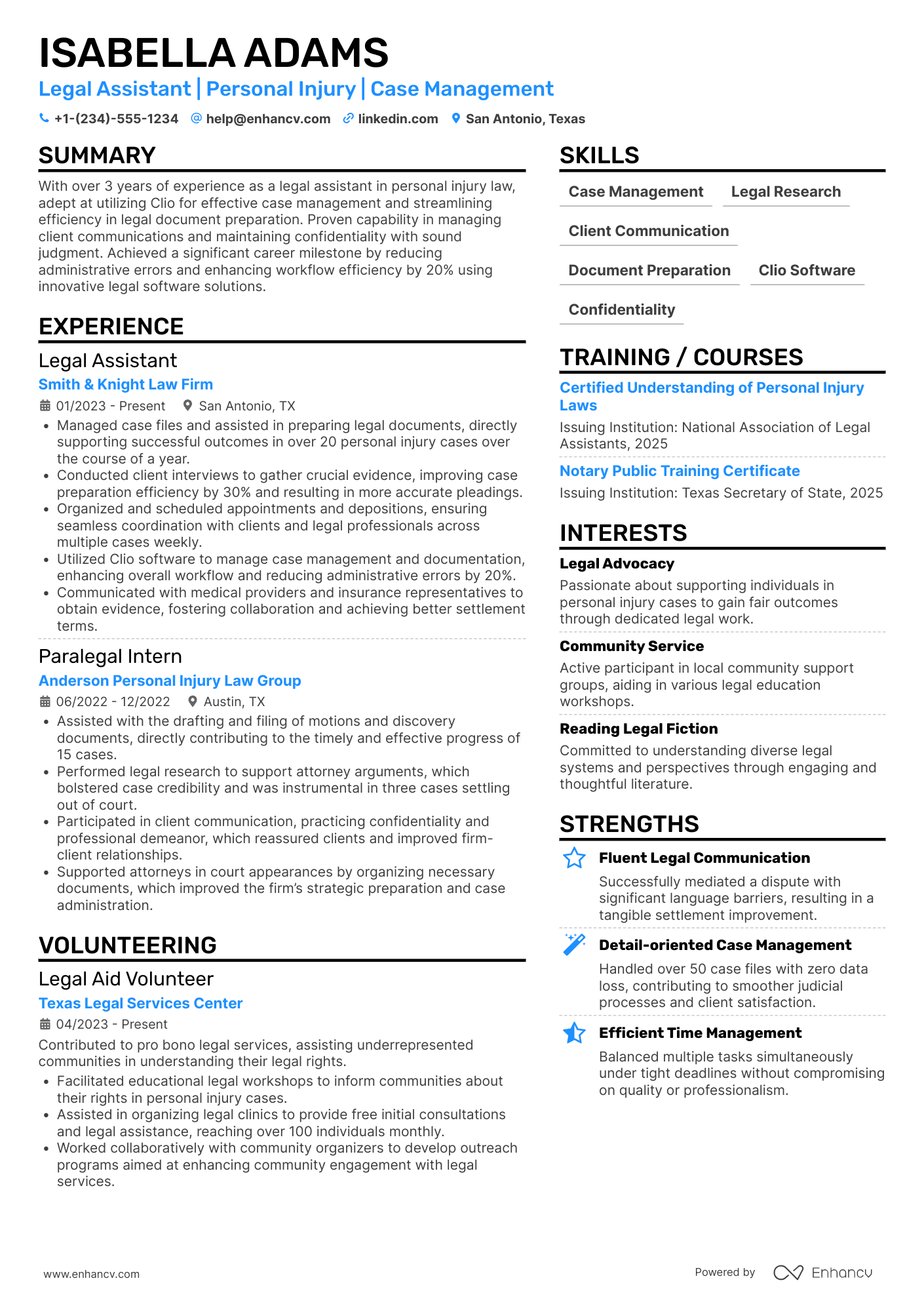 A resume example of a Personal Injury Legal Assistant