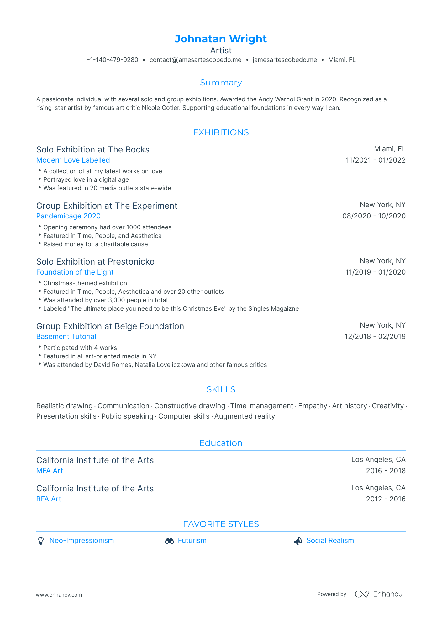 Traditional Artist Resume Template