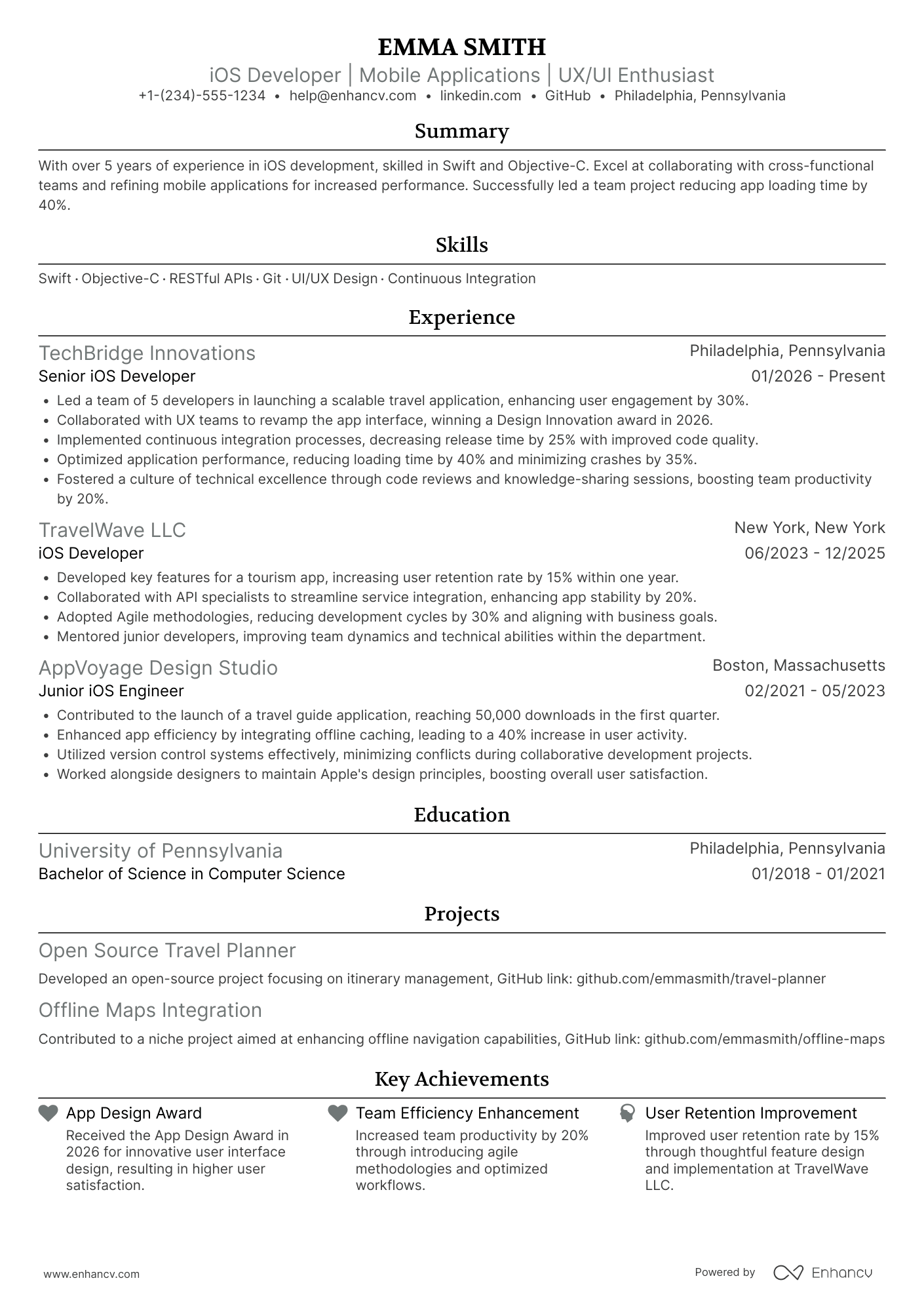 A resume example of a iOS Developer, Travel and Tourism
