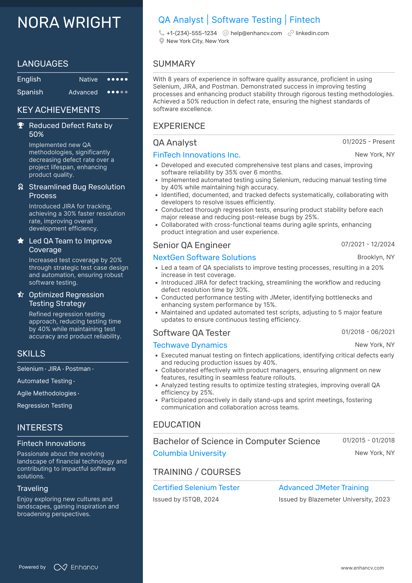 A resume example of a QA Analyst