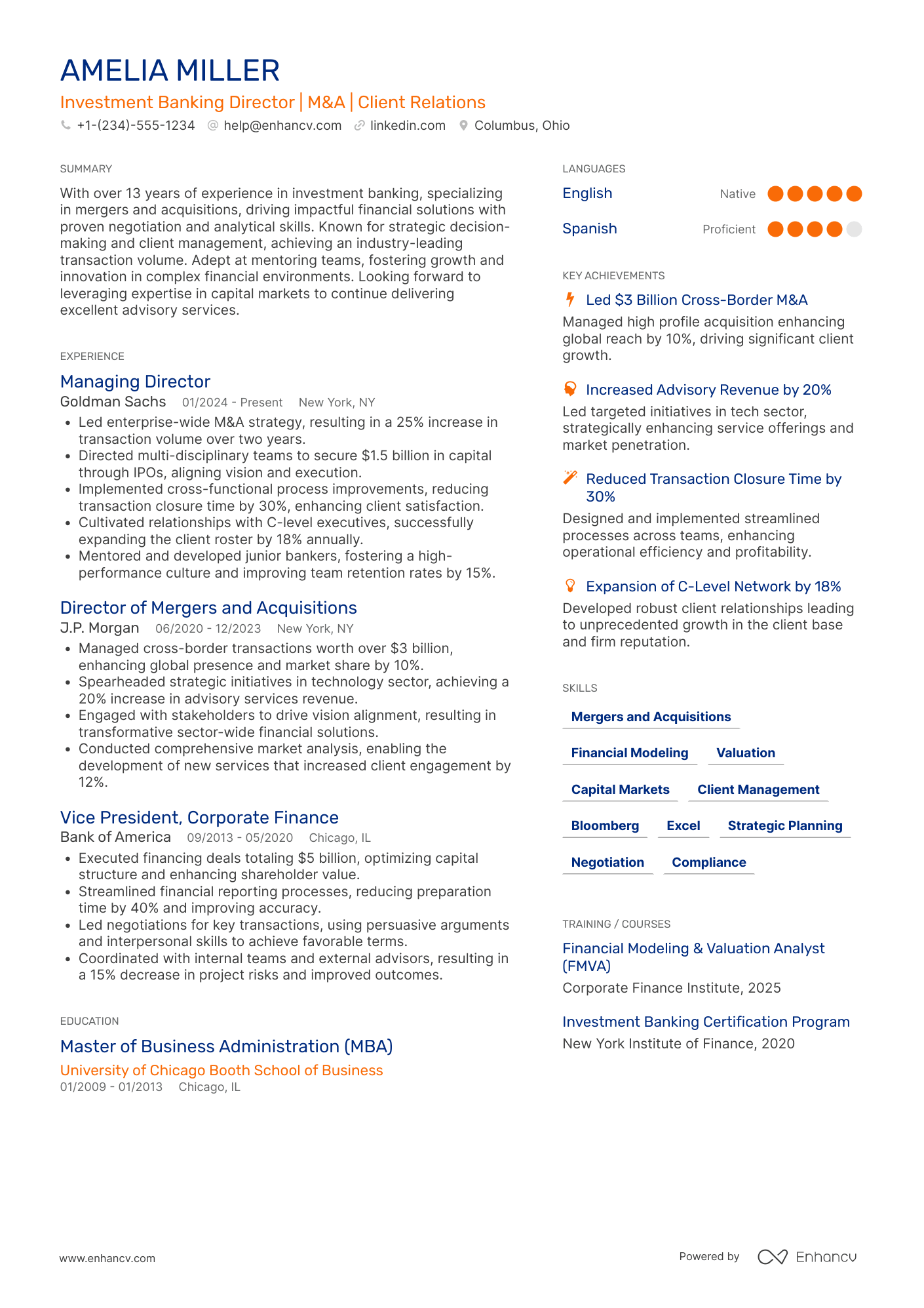 A resume example of a Investment Banking Director