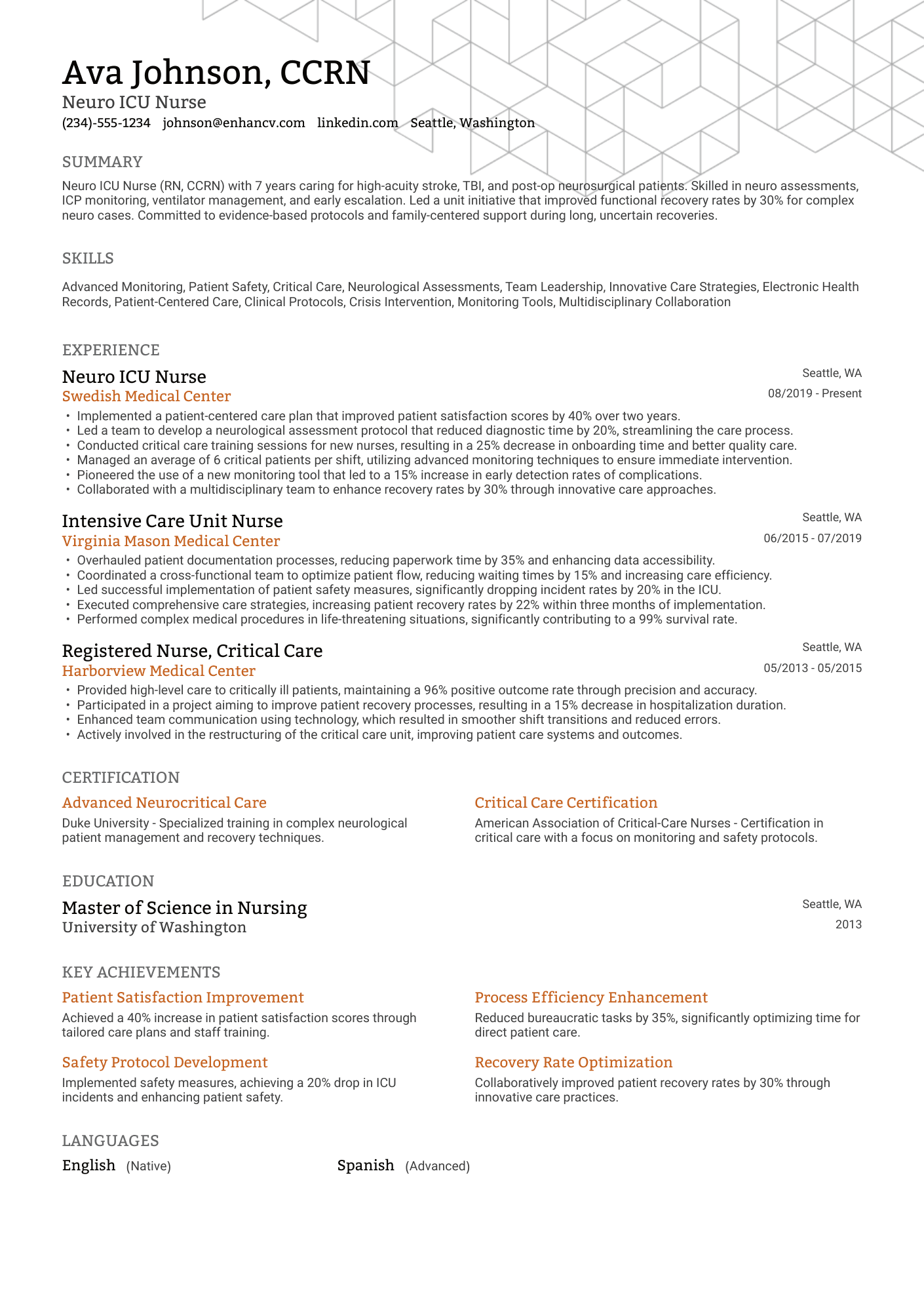 A resume example of a Neuro ICU Nurse