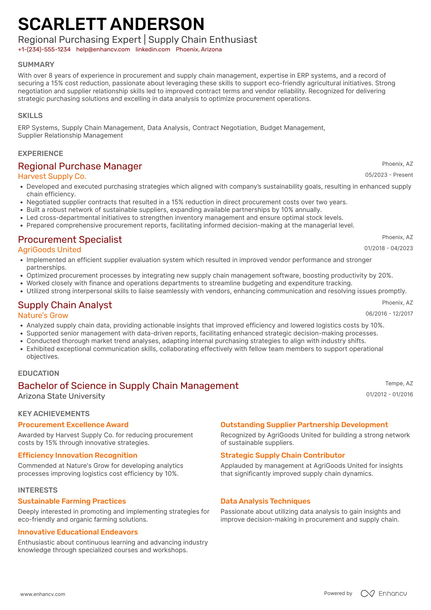 A resume example of a Regional Purchase Manager